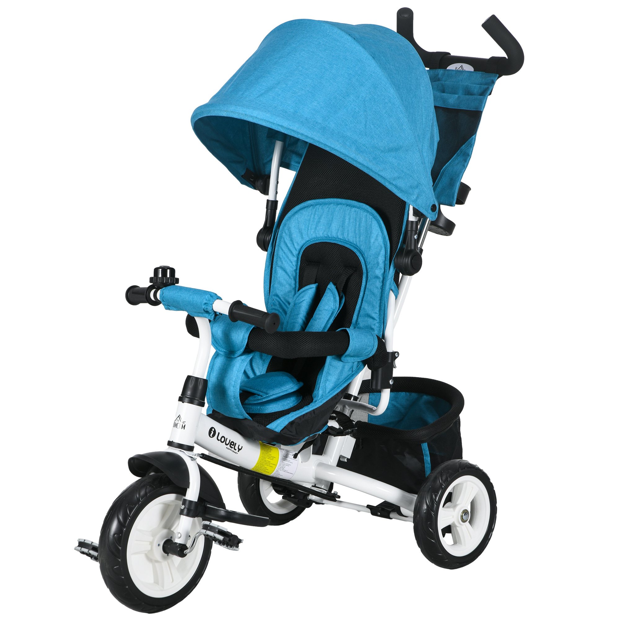 Kinder-Dreirad, Kinderfahrrad, Rückenkorb, Becherhalter, Sonnendach, Metall, Blau Kinder-Dreirad, Kinderfahrrad, Rückenkorb, Becherhalter, Sonnendach, Metall, Blau