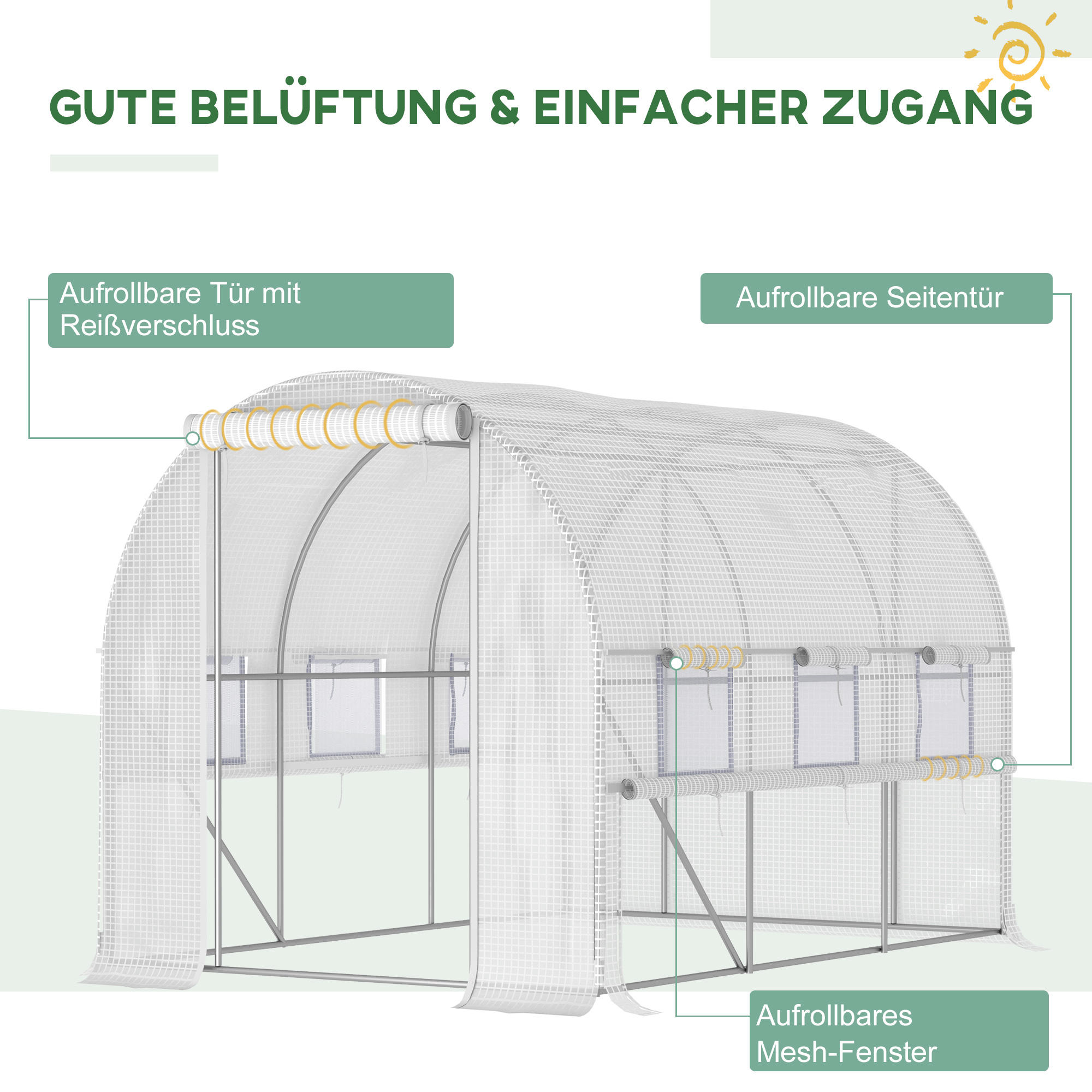 Foliengewächshaus, 6 aufrollbare Fenster, Tür mit Reißverschluss, rostfreier Stahlrahmen, 2,95 x 2 x 2 m, Weiß
