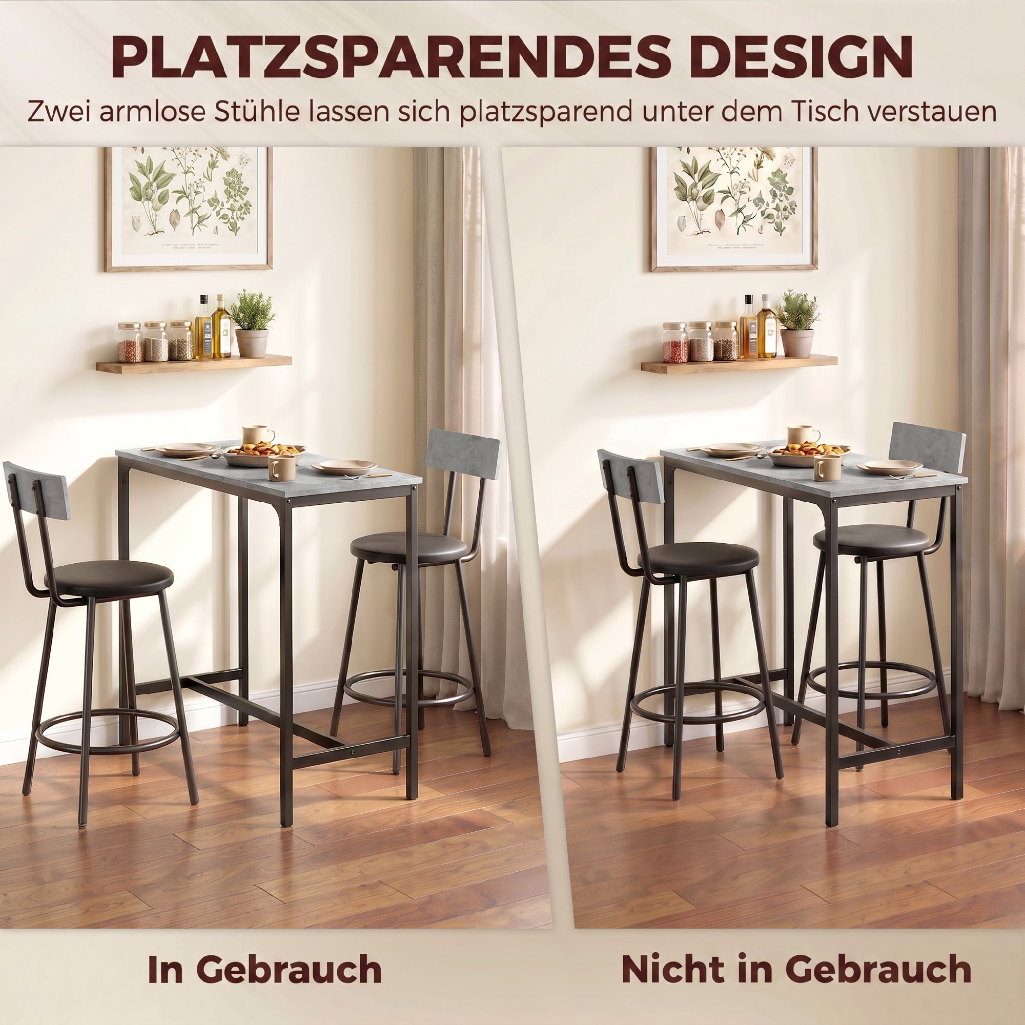 Bartisch mit Barhocker Set Tresentisch mit 2 gepolsterten Hockern mit Fußstütze für Esszimmer, kleinen Raum, Grau