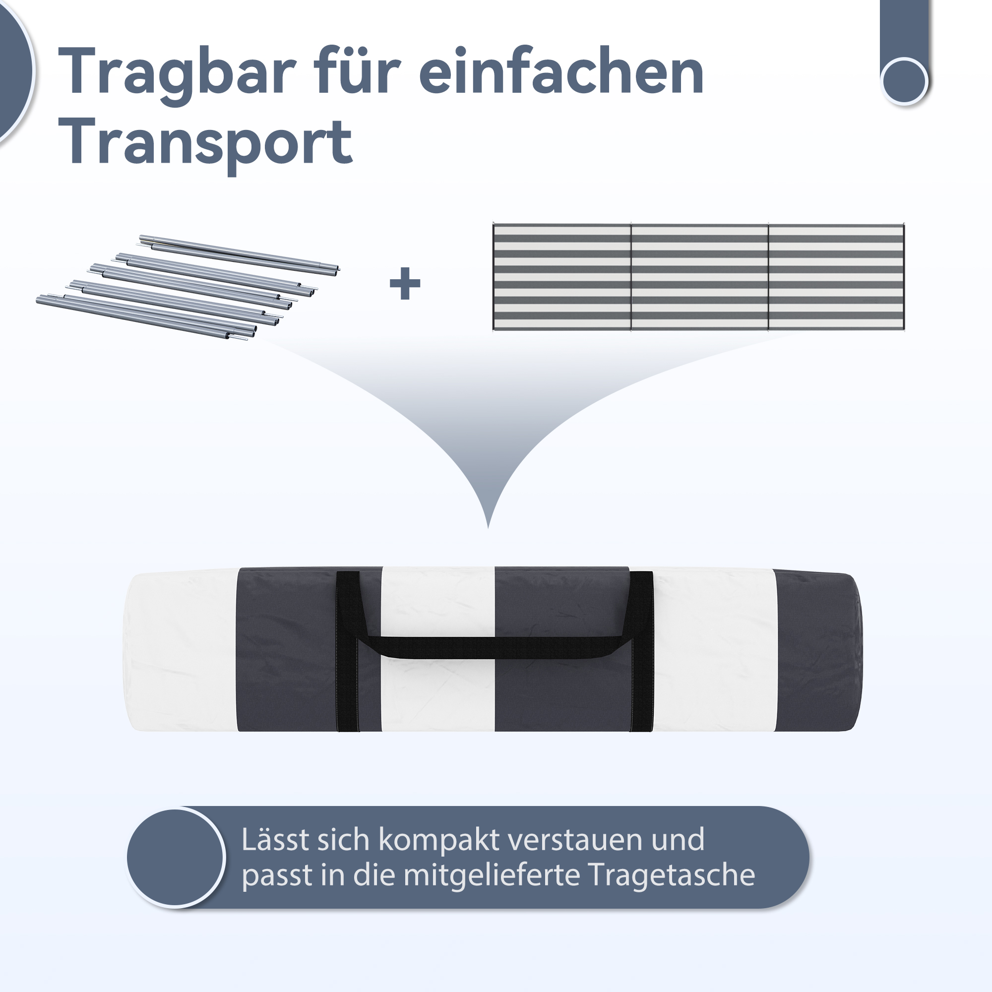 Windschutz Camping Sichtschutz mit 4 Stahlstangen Tragetasche Strandschutz für Camping Garten Strand 540 x 150 cm Grau+Weiß