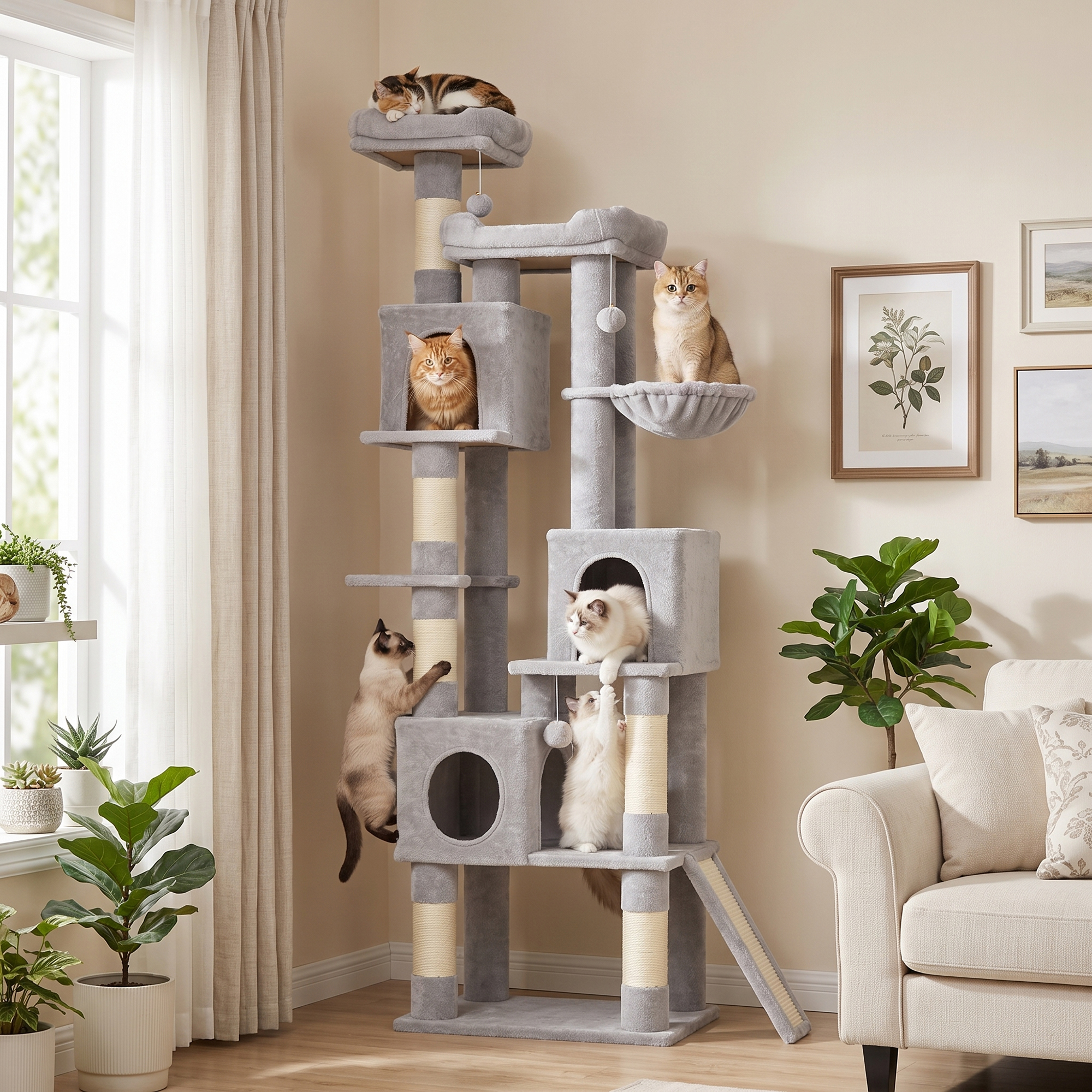 Kratzbaum groß, 200 cm hoch Katzenbaum mit 2 Betten, 3 Höhlen, Hängematte, 3 Bällen für 1-3 Katzen unter 6 kg, Hellgrau