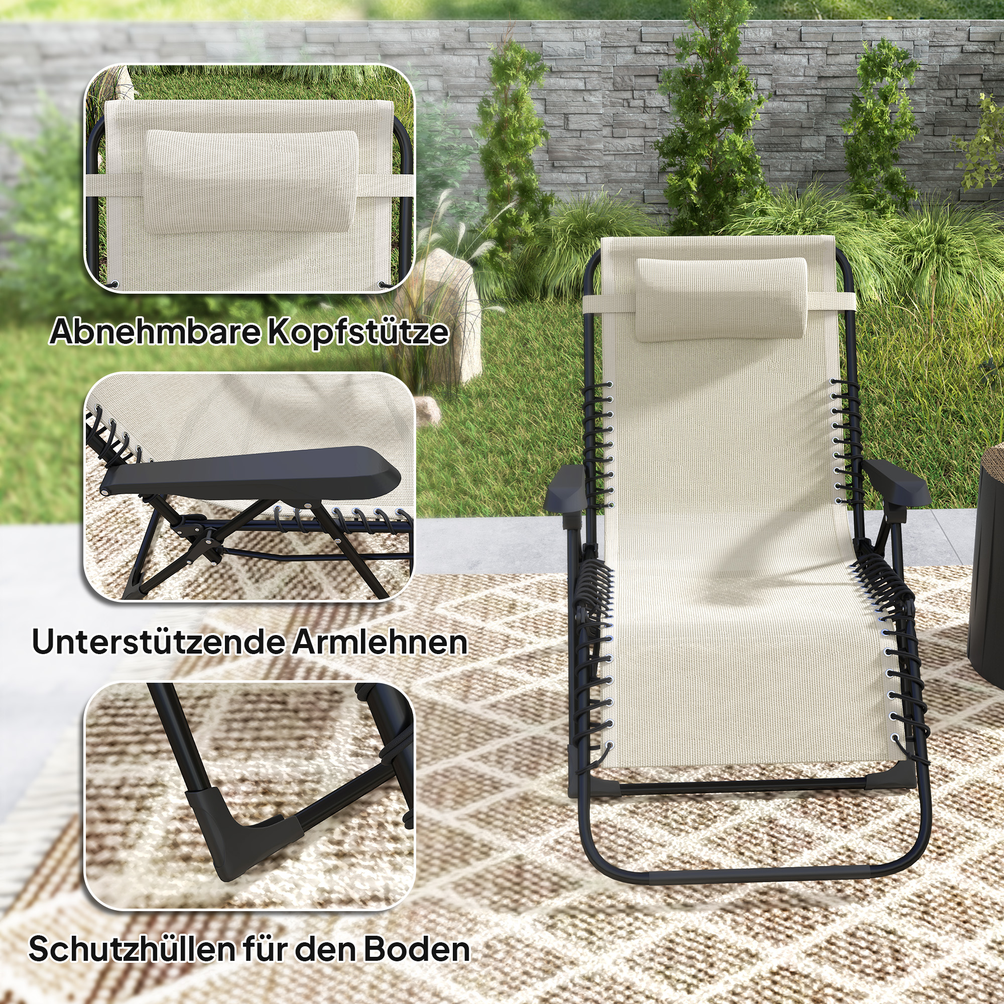 Sonnenliege klappbar Gartenliege mit Kopfkissen, 5-Fach verstellbare Rückenlehne bis 120 kg belastbar Beige