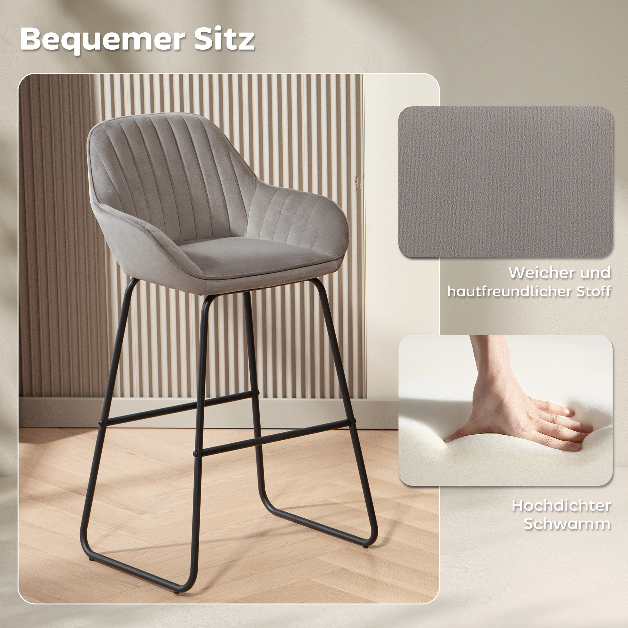2er-Set Barstühle, Barhocker mit Stoffbezug und Schaumstoffpolsterung, Polsterhocker mit Metallbeinen, Grau