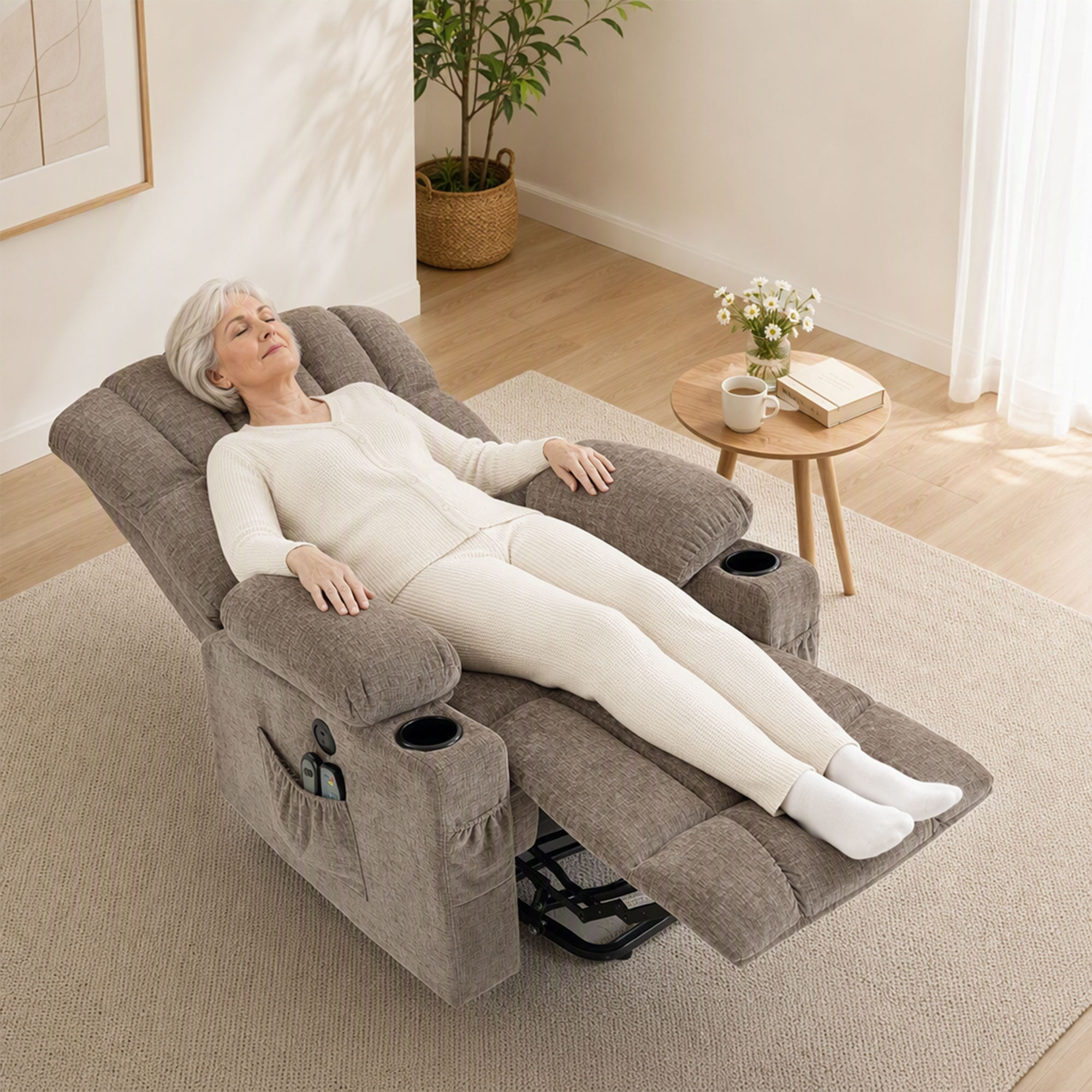 Fernsehsessel mit Aufstehhilfe, Elektrischer Relaxsessel mit Massage & Wärme, Liegefunktion, USB-Anschlüssen, Braun