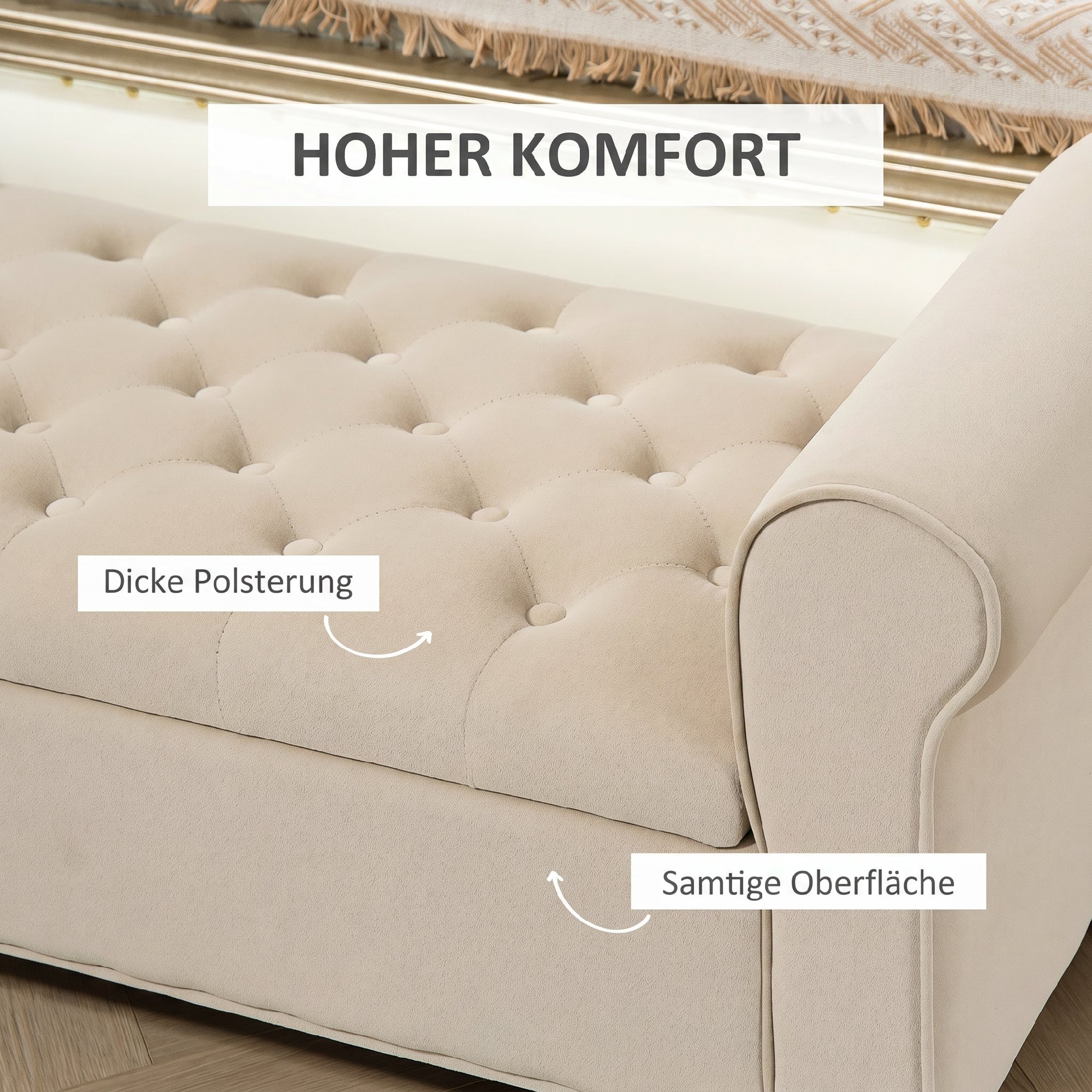 Sitzbank im Vintage-Design, Sitzbank mit Stauraum, Samtoptik, Beige