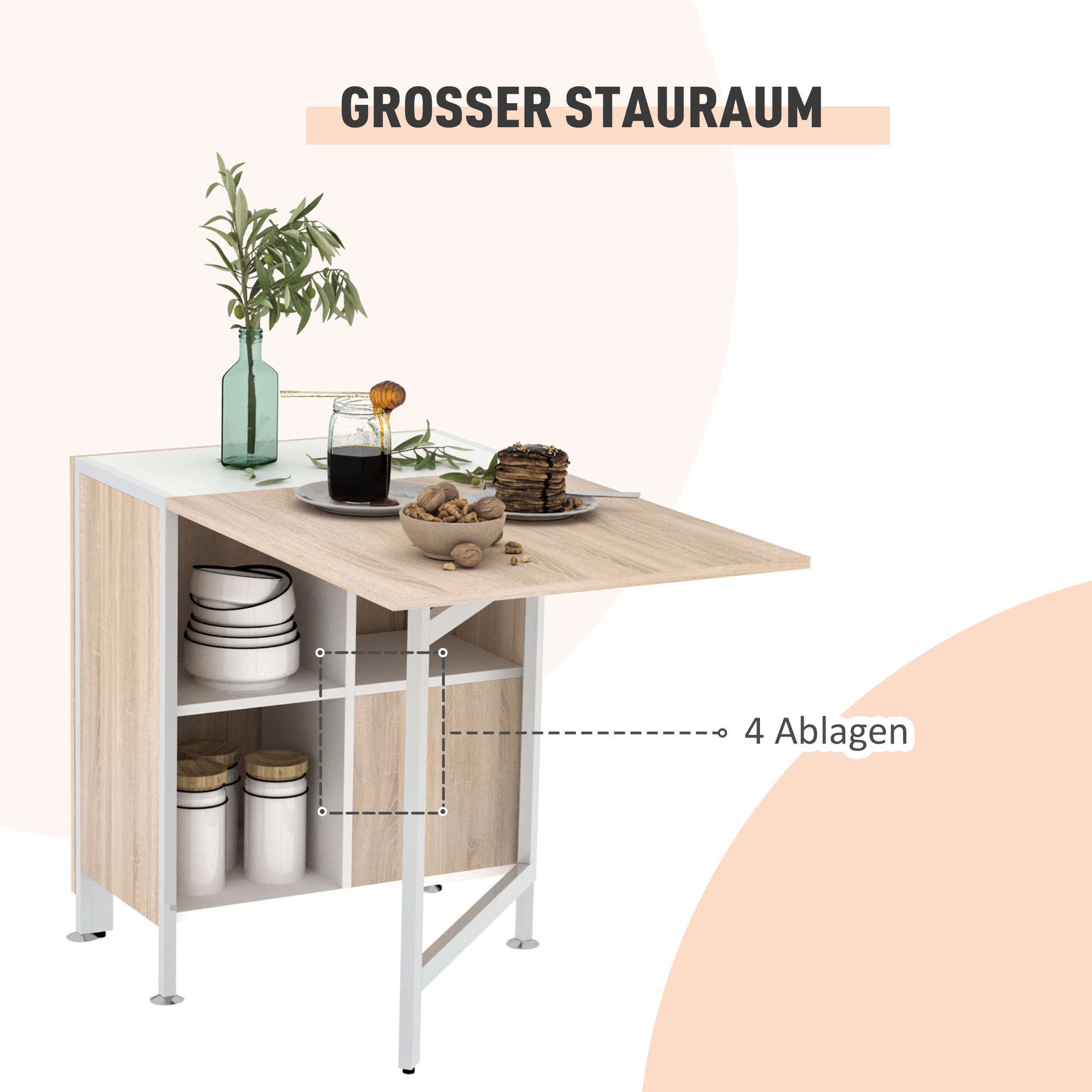 Klapptisch Esstisch Beistelltische Ablagefläche für Wohnzimmer Küche Eiche Holz Metallrahmen Natur+Weiß 169 x 60 x 75 cm