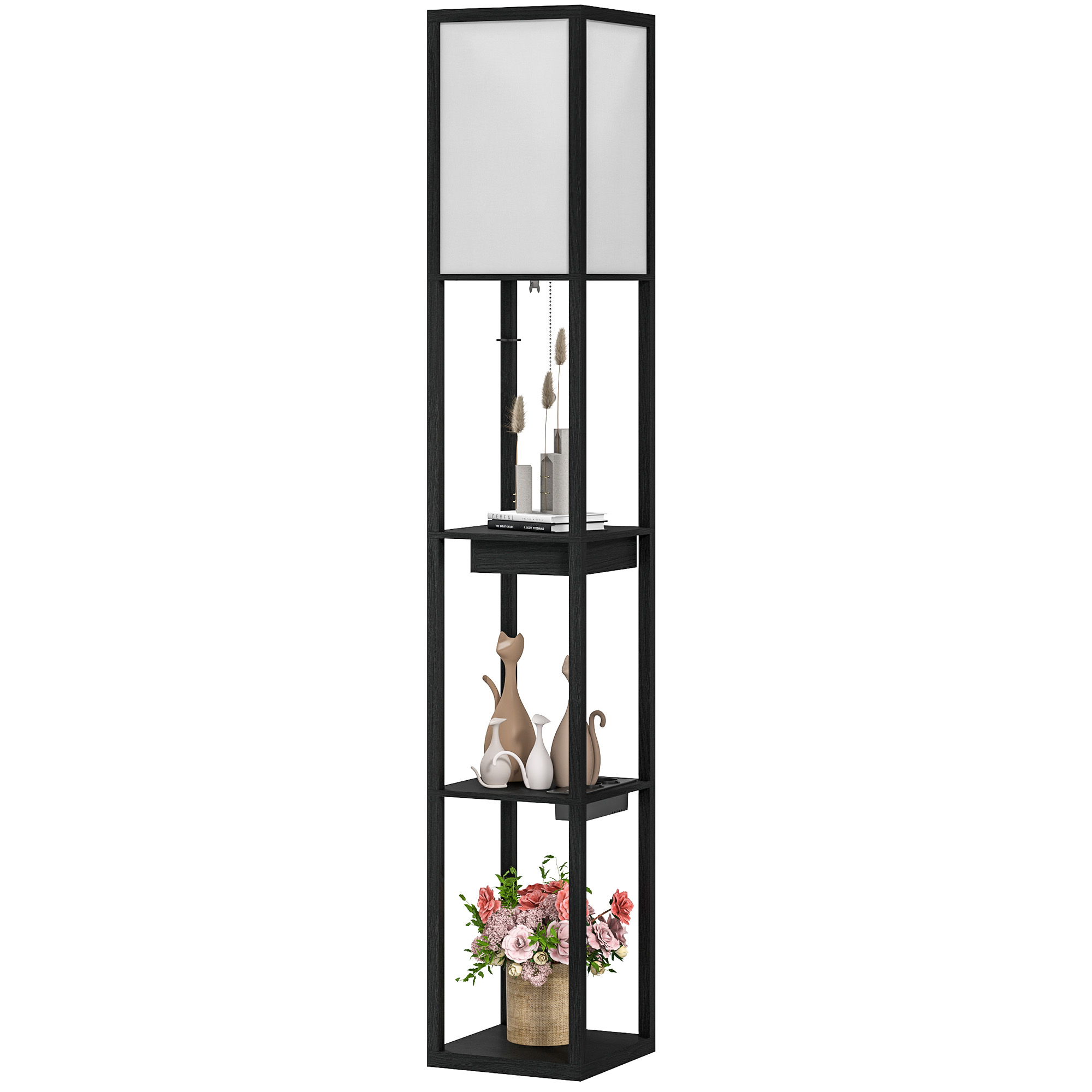 Stehlampe mit 3-stufigem Regal, Fußschalter, USB-Anschlüssen, MDF, Schwarz Stehlampe mit 3-stufigem Regal, Fußschalter, USB-Anschlüssen, MDF, Schwarz