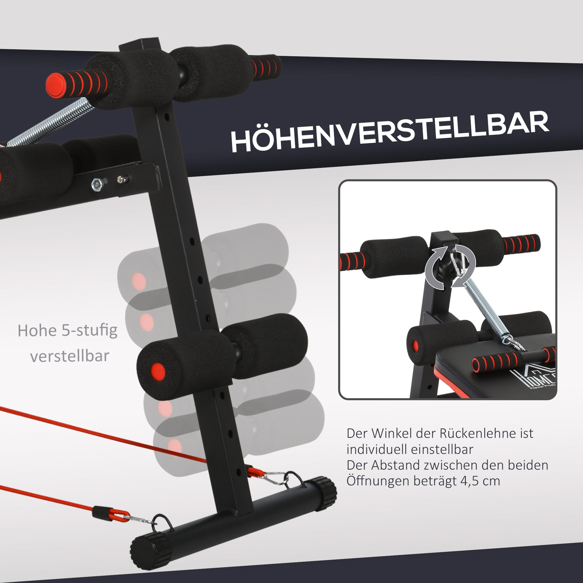 Sit Up Bank Bauchtrainer mit Trainingsseile Trainingsbank Multifunktion Verstellbar&klappbar 110 kg Belastbarkeit Stahl Schwarz+Rot 137 x 51 x 50-66 cm