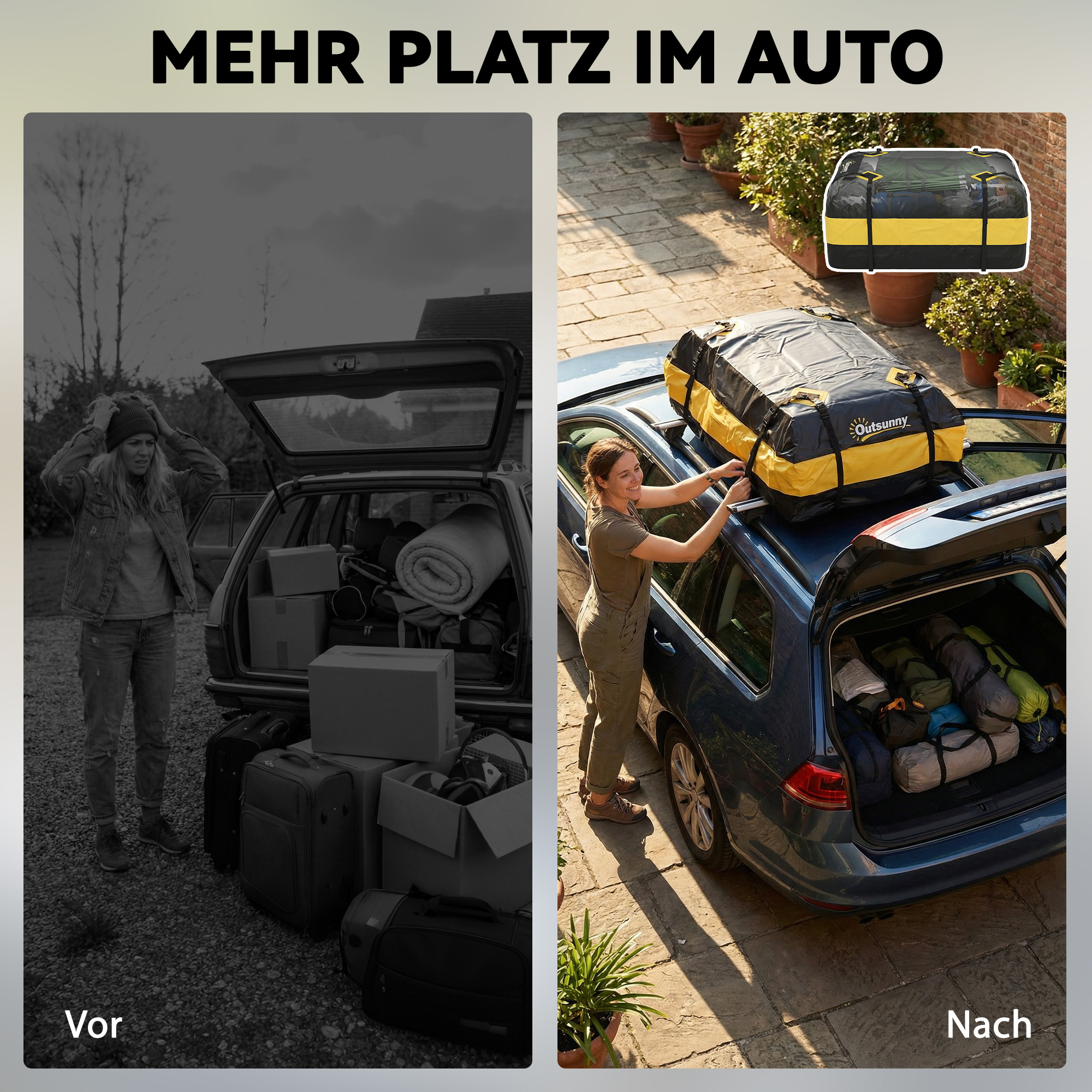 wasserdichte Dachbox Auto 425L für Fahrzeugdächer mit/ohne Gepäckträger Gepäckbox mit 8 Verstärkte Gurte Türhaken Gelb