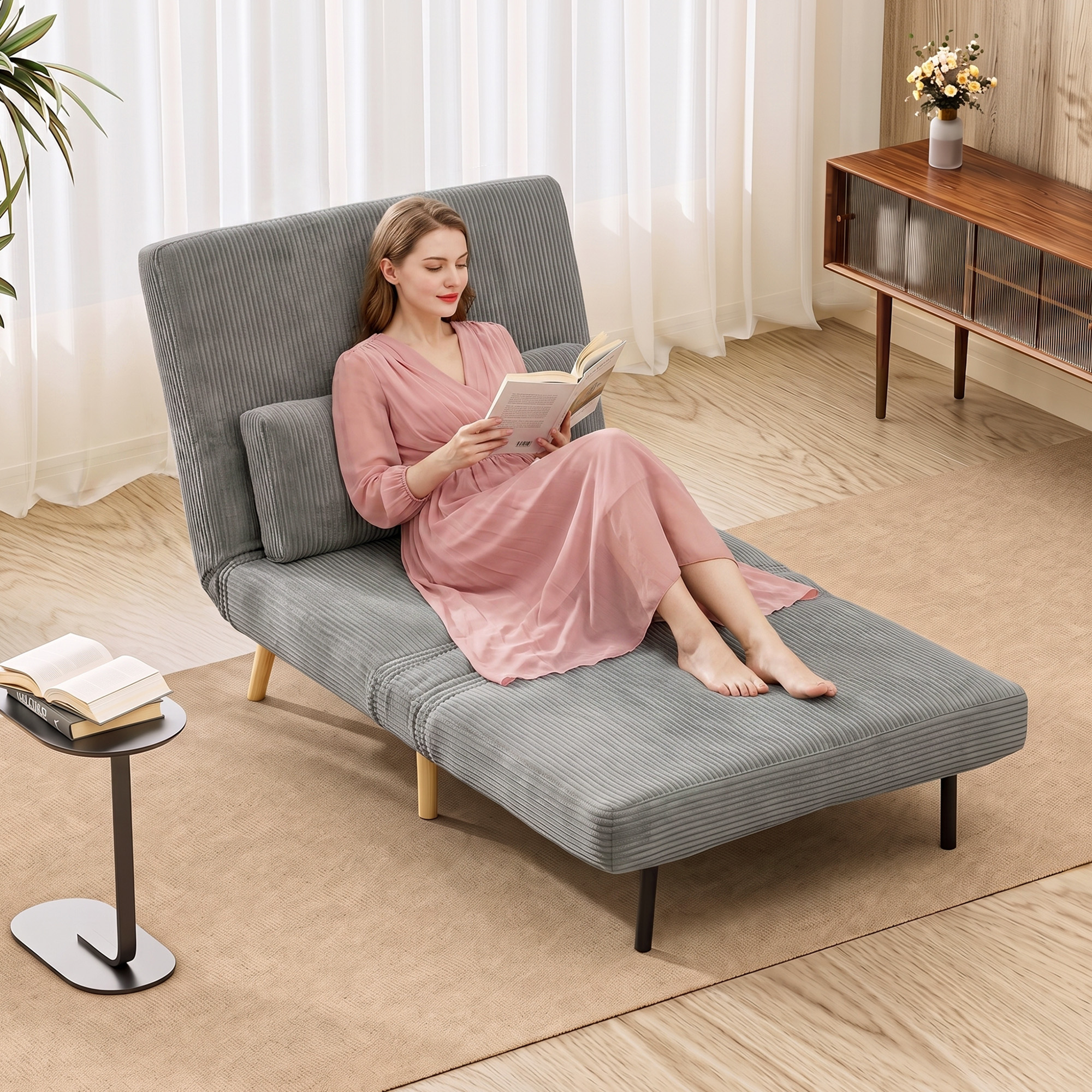 Schlafsessel 3-in-1, ausklappbarer Sessel aus Cord mit Schlaffunktion verstellbare Rückenlehne, Kissen Dunkelgrau