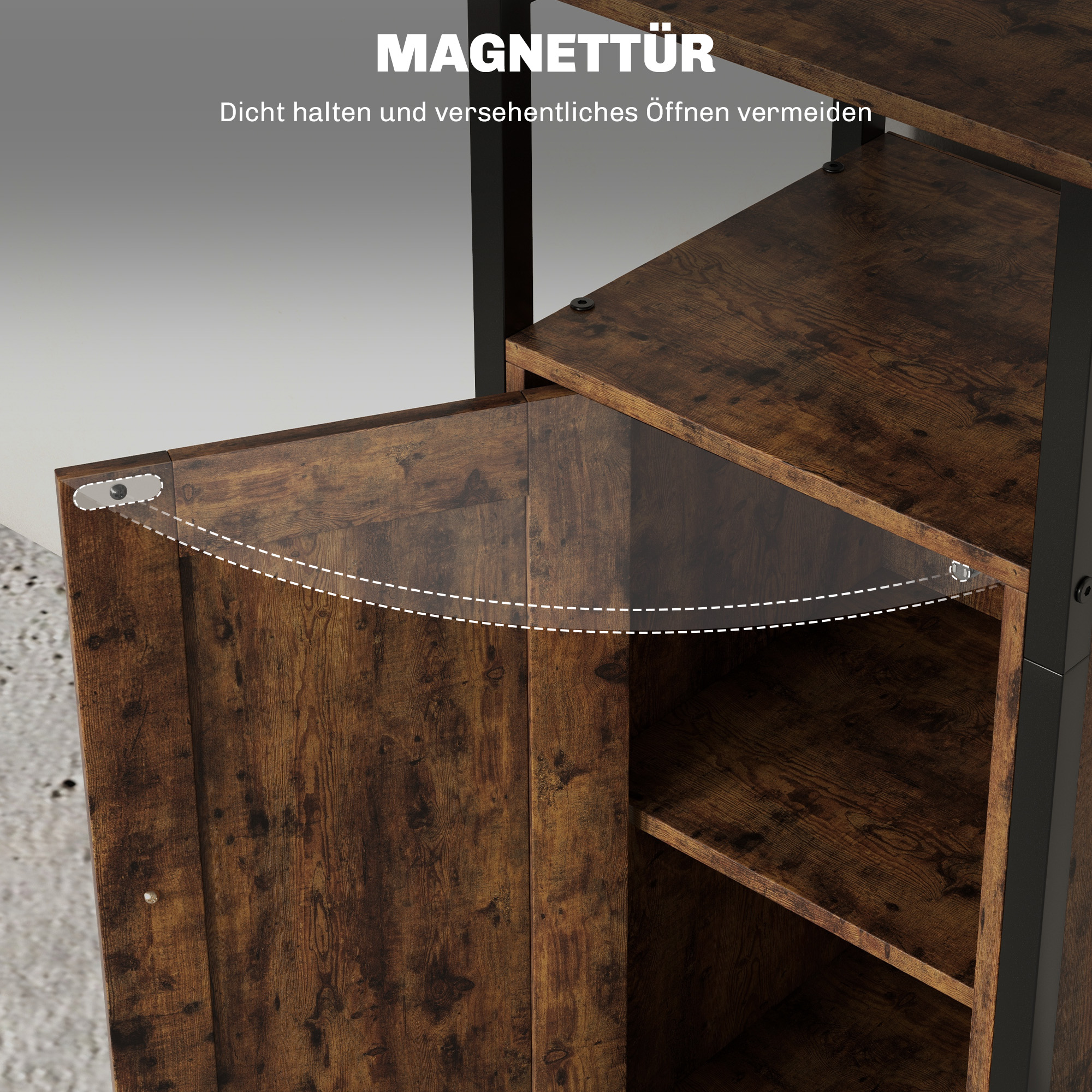 Beistelltisch mit Stauraum, 2 offene Regale, 3-stufig verstellbar, magnetische Tür, Braun