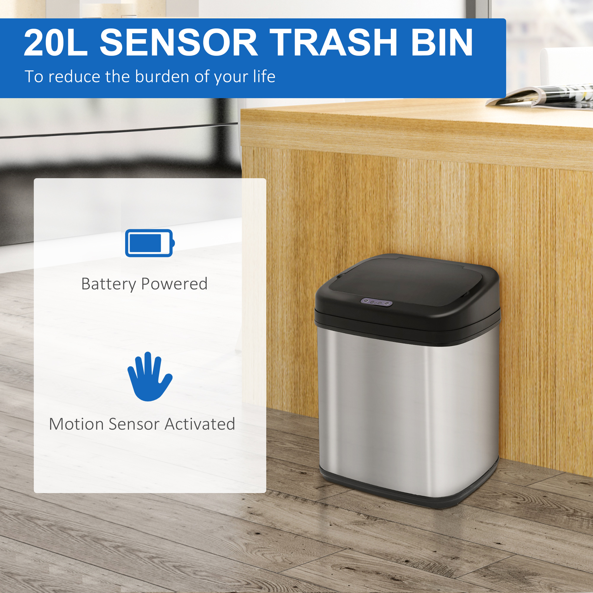 Sensor Mülleimer 20L Edelstahl Automatischer Mülleimer mit Bewegungssensor, Inneneimer 33 x 25 x 42,5 cm Silber+Schwarz
