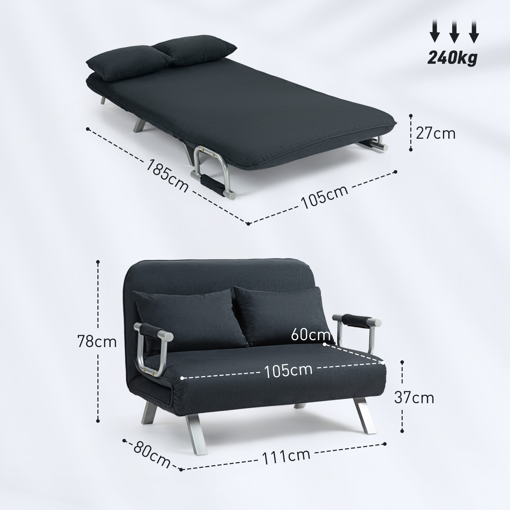 Schlafsofa, 5-fach verstellbar, Wildlederimitat, Stahlrahmen, inkl. Kissen, Schwarz