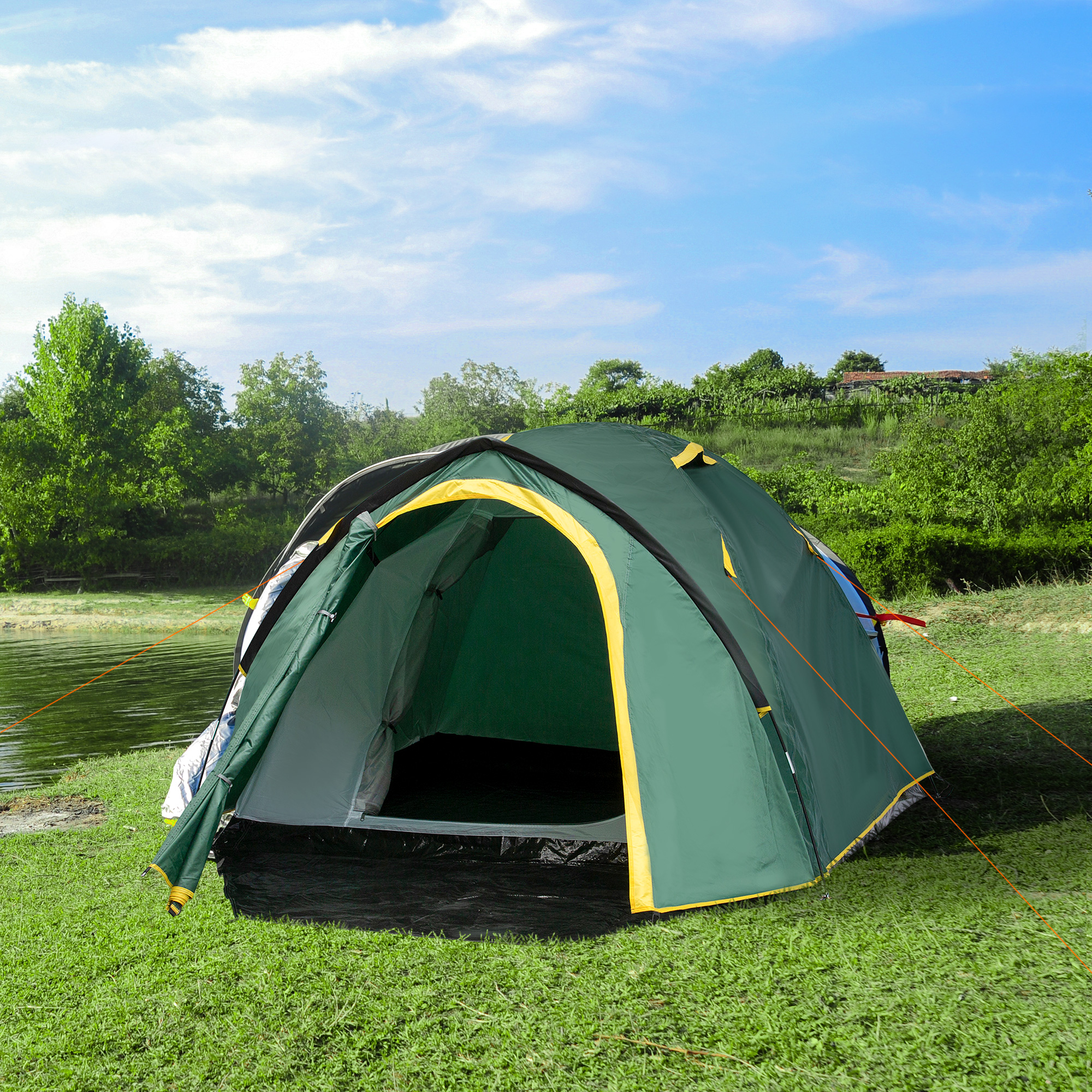 Zelt für 2 Personen 190T Campingzelt mit Heringen Kuppelzelt Glasfaser Polyester Grün+Gelb 325 x 183 x 130 cm