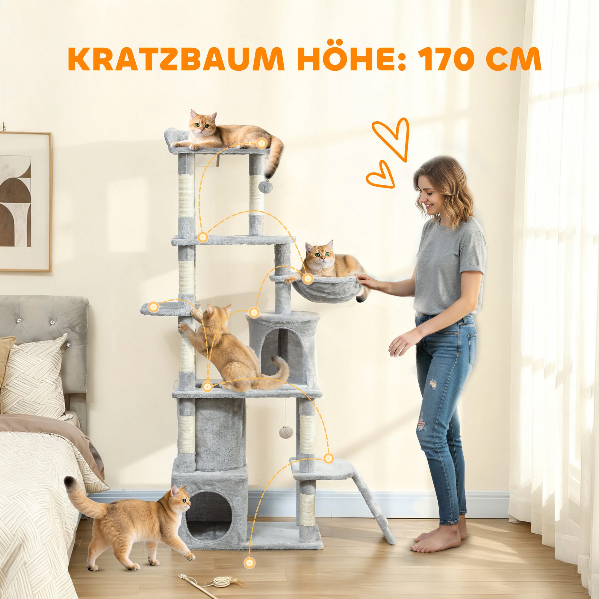 Katzenkratzbaum, 170 cm, Tunnel, Höhlen, große Basis, Sisalpfosten, Hellgrau