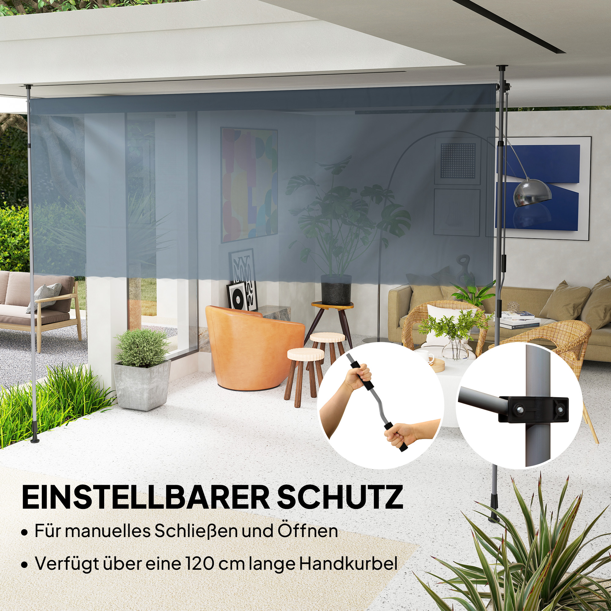 Klemmmarkise mit Handkurbel höhenverstellbar Gelenkarmmarkise Markise ohne Bohren 350 cm breit Dunkelgrau