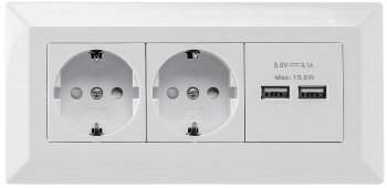 2-fach Steckdosenblock + 2x USB, weiß / 250V~/ 16A, Aufbaumontage, USB 3,1A