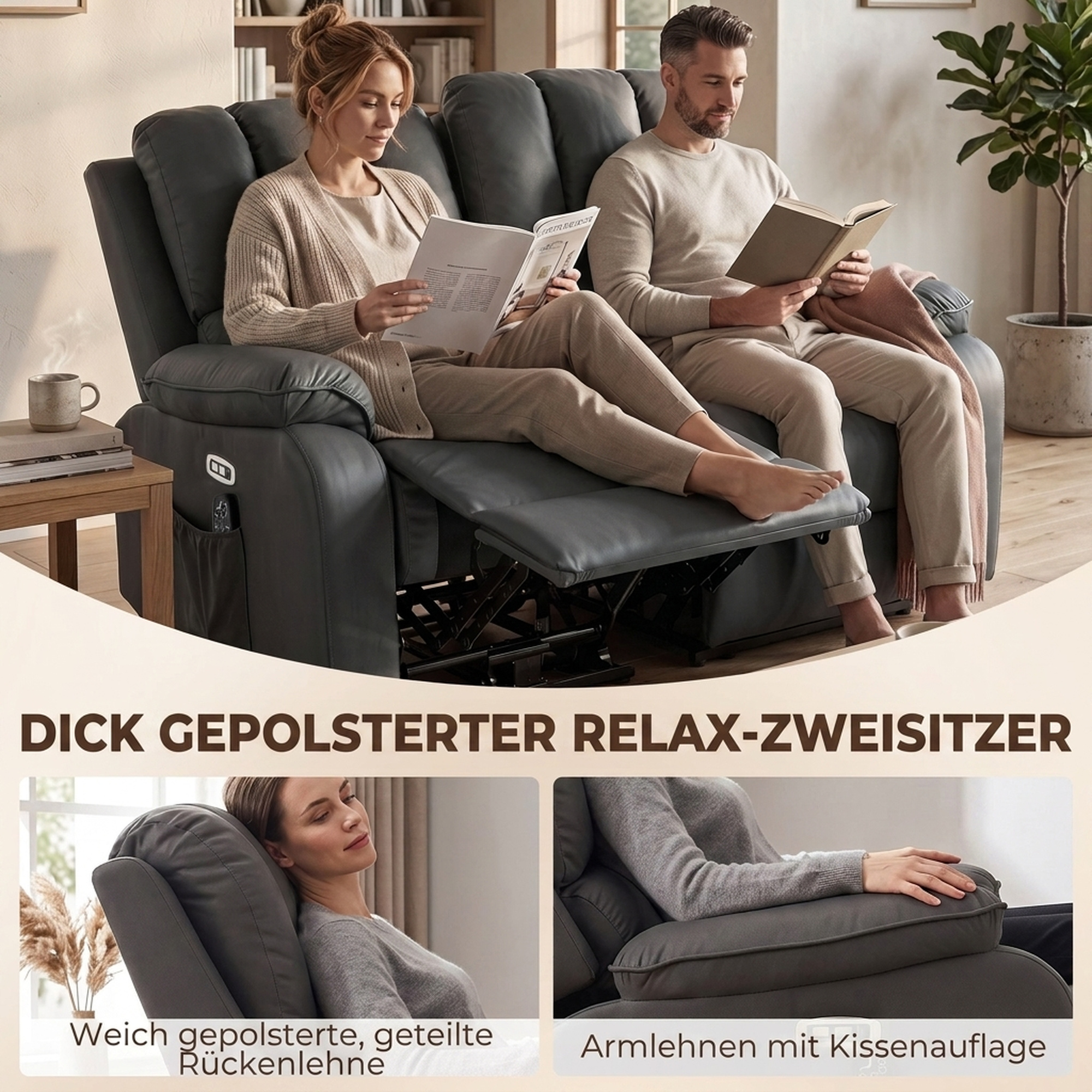 2-Sitzer elektrisches Relaxsofa aus Leathaire mit Massage- und Heizfunktion, 2 Fernbedienungen, USB-/USB-C-Anschlüssen