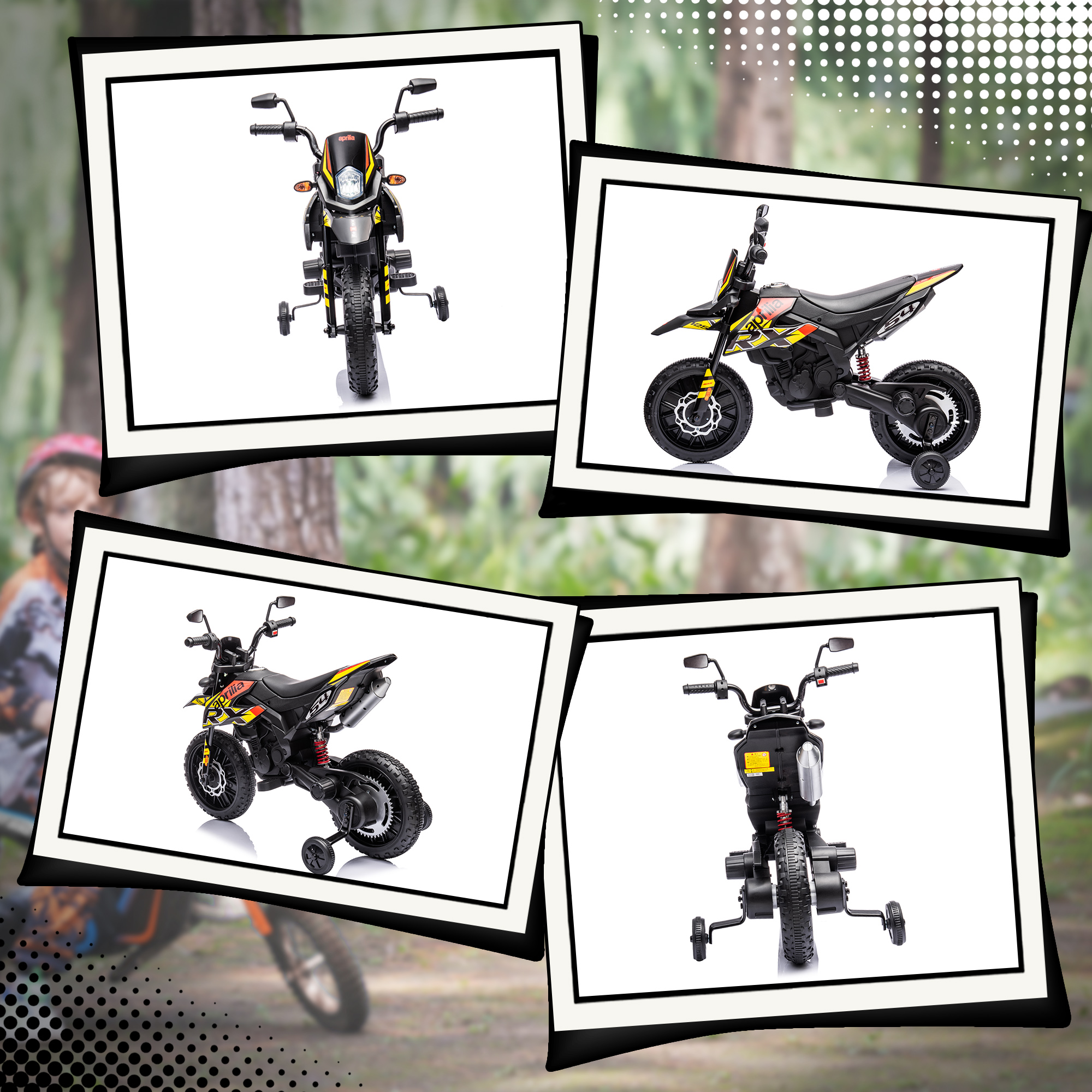 12V Kinder-Motorrad mit Stützrädern, LED-Lichtern, Musik, USB, Elektro-Motorrad für Jungen und Mädchen, Gelb