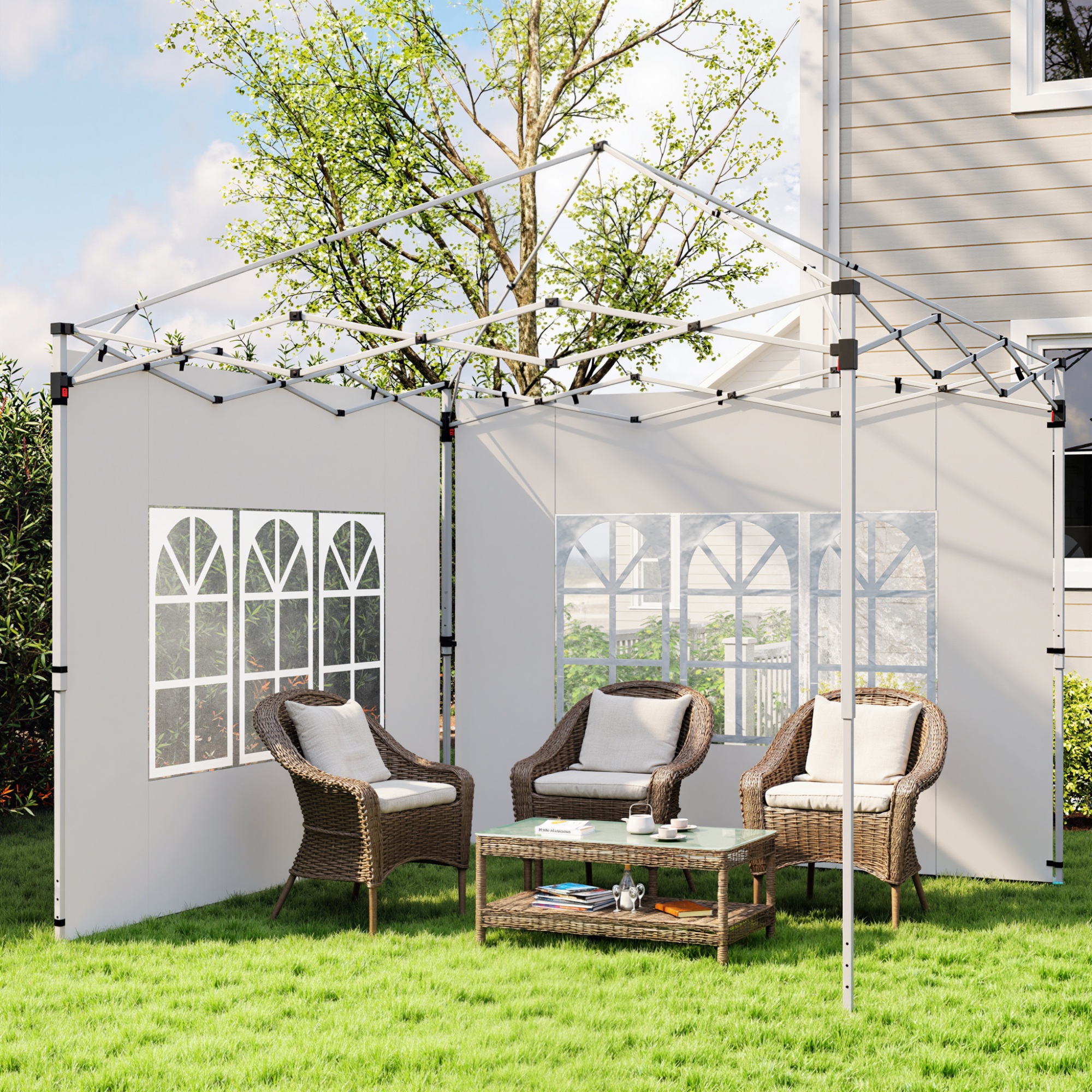 2er-Set Seitenteile für Pavillon 3x3/3x4 m, Seitenwand mit Fenster, wasserdicht Weiß