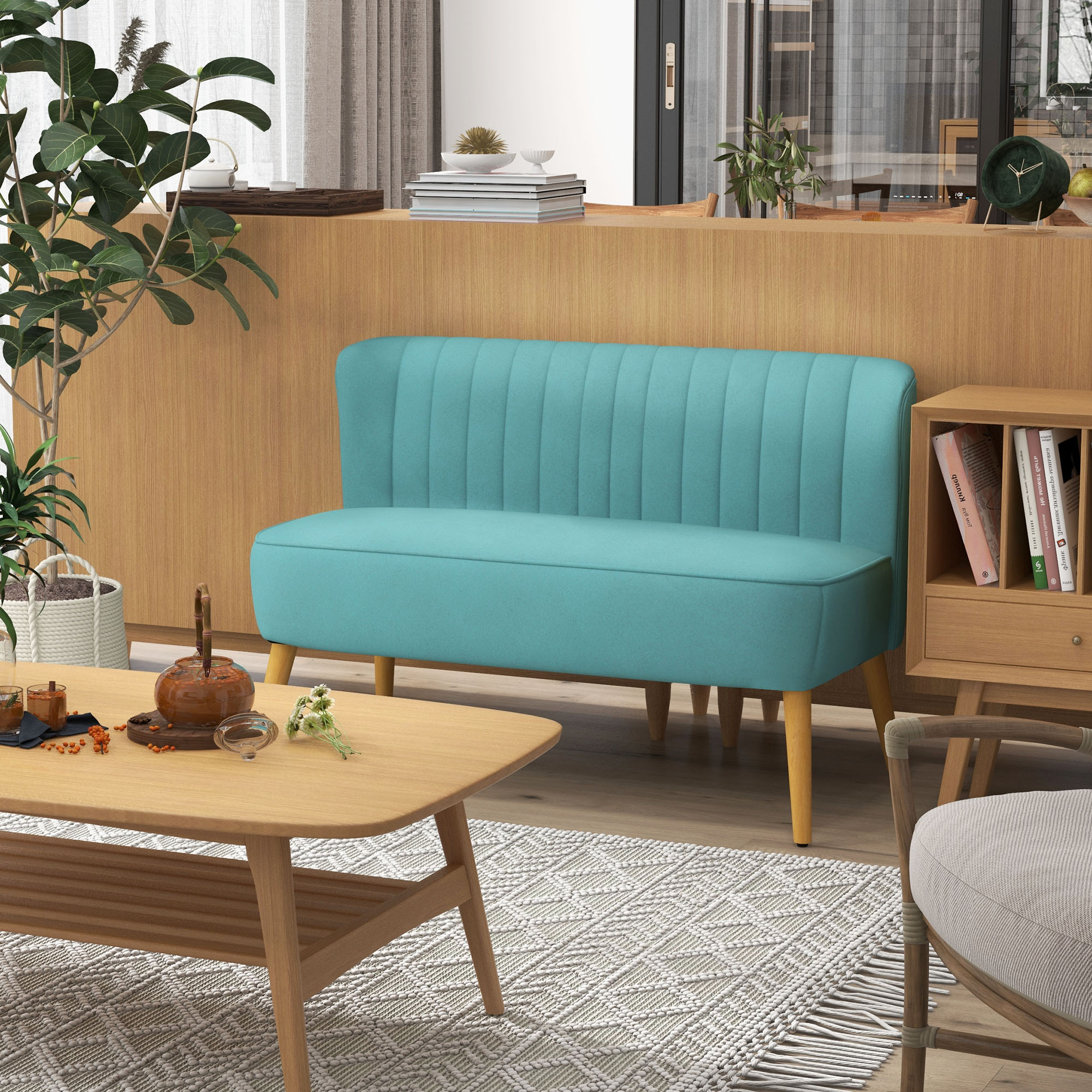 Sofa Retrodesign 2-Sitzer-Sofa, Holzbeine, 117 cm x 56,5 cm x 77 cm, Grün