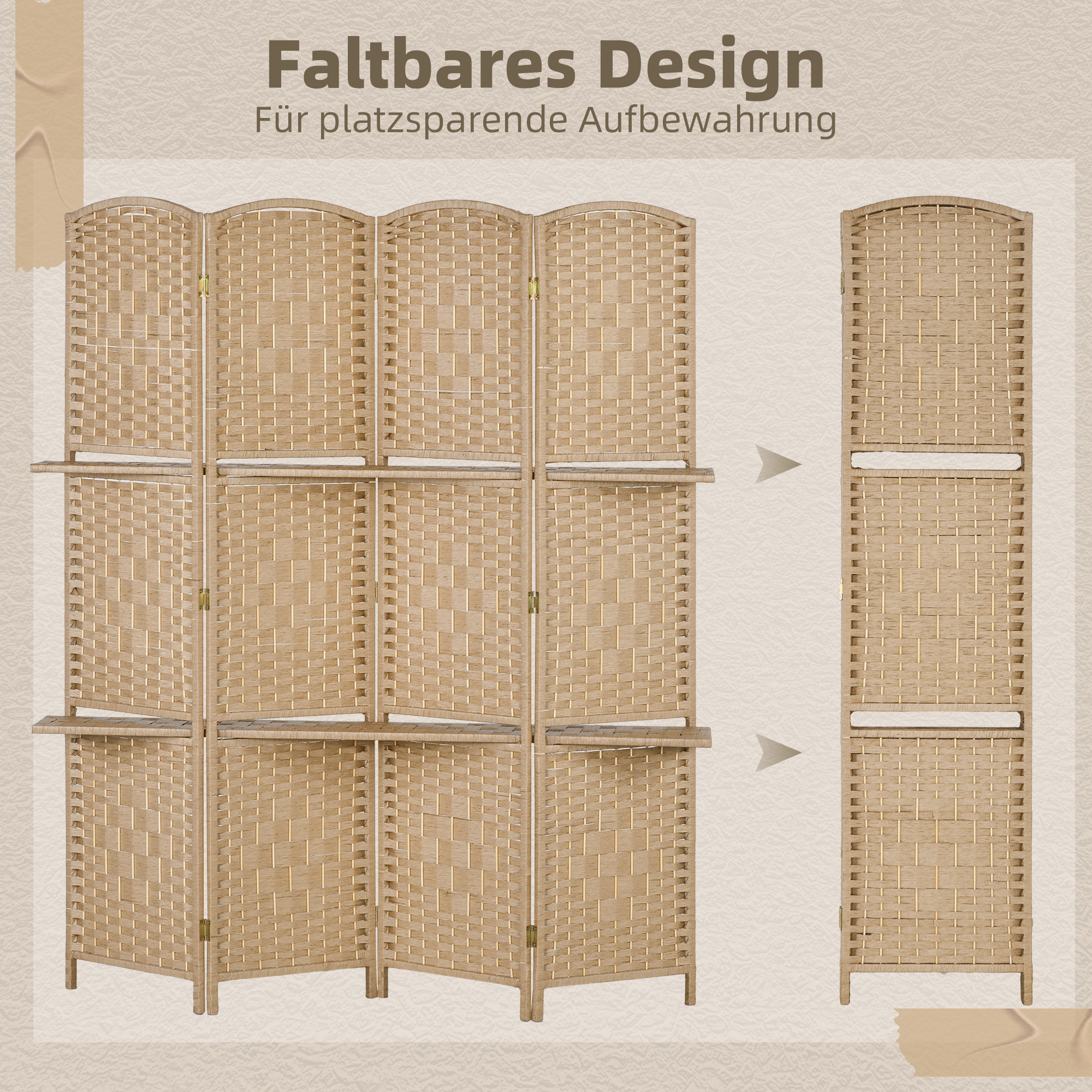 4-teiliger Paravent, 160 x 170 cm, faltbare Trennwand mit 2 Regalen, Naturholz