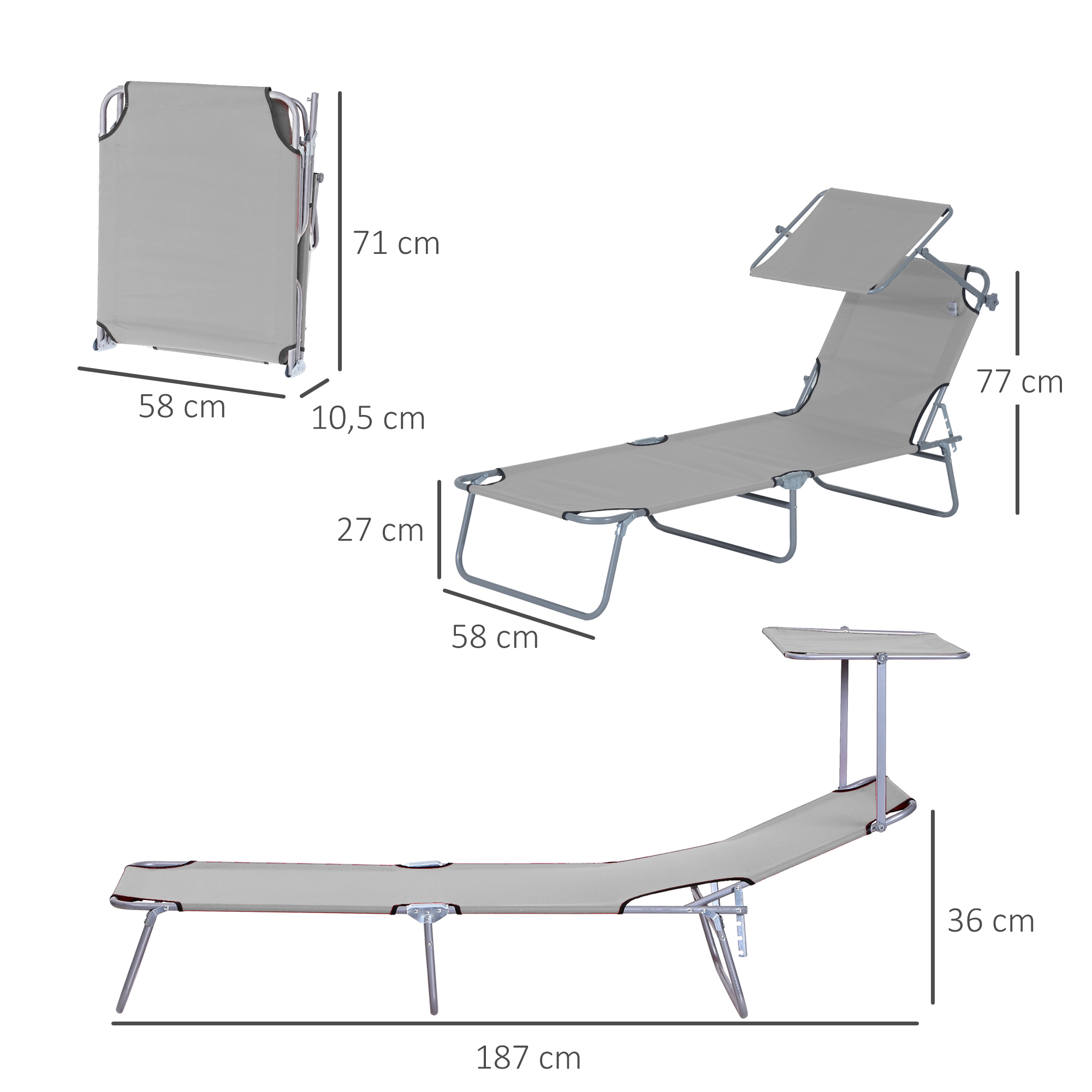 Sonnenliege, Gartenliege, Wellnessliege, Strandliege, klappbar, mit Sonnenschutz, 187 x 58 x 36 cm, Grau