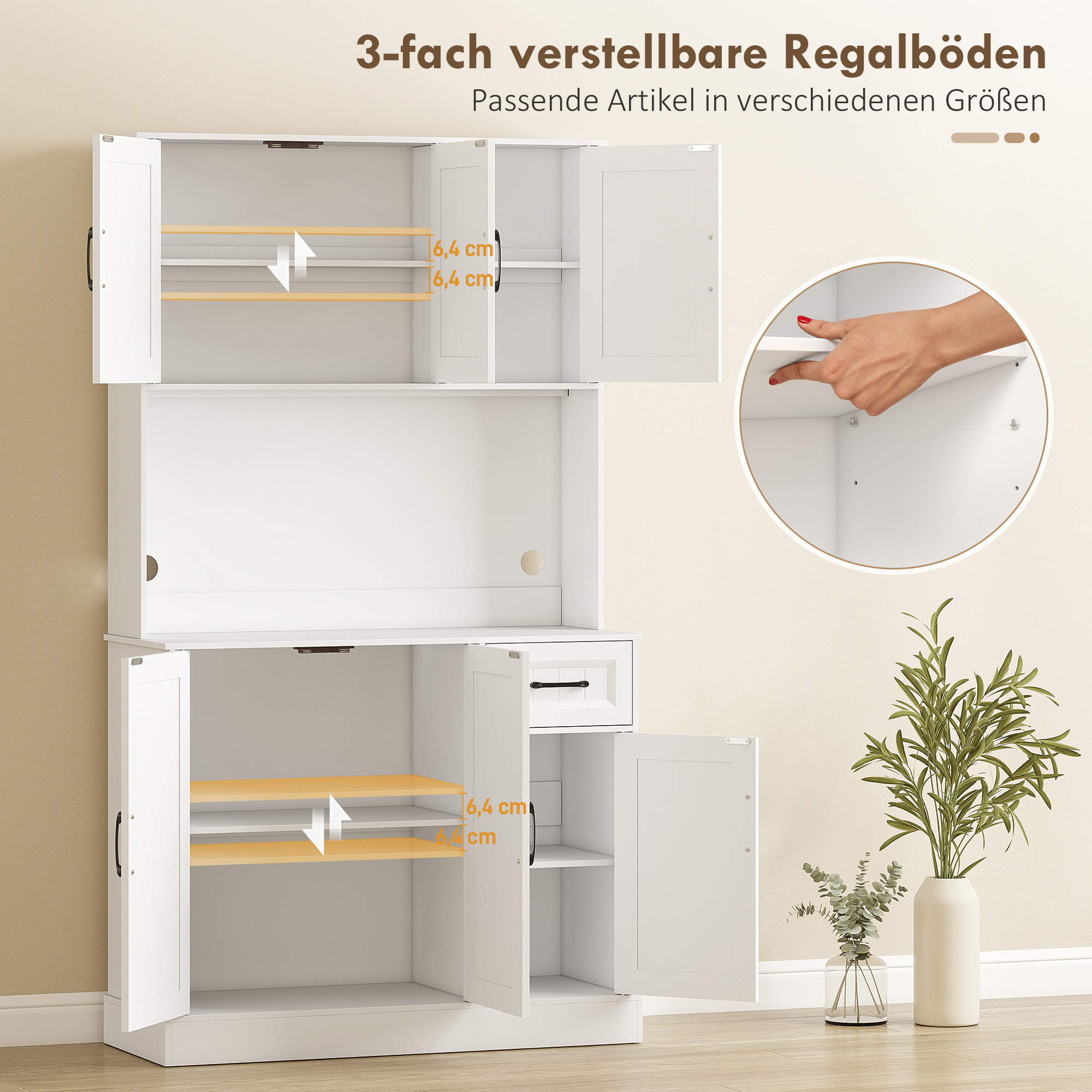 Küchenschrank, 180,5 cm, Vorratsschrank, Arbeitsfläche, Kabelloch, verstellbare Regale, MDF, Weiß