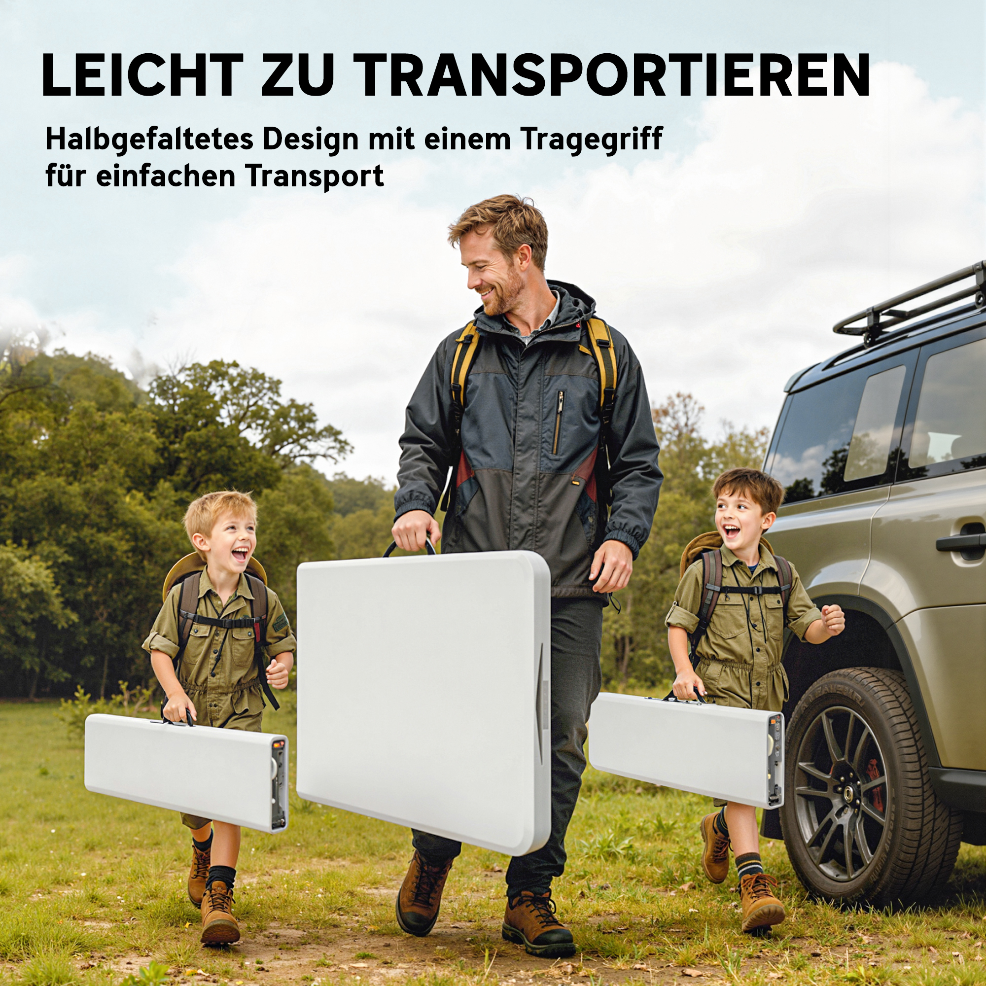 3-teiliges Picknicktisch-Set, 1 Tisch, 2 Bänke, Faltbarer Campingtisch mit Tragegriffen, Kunststoff, Metall, Weiß