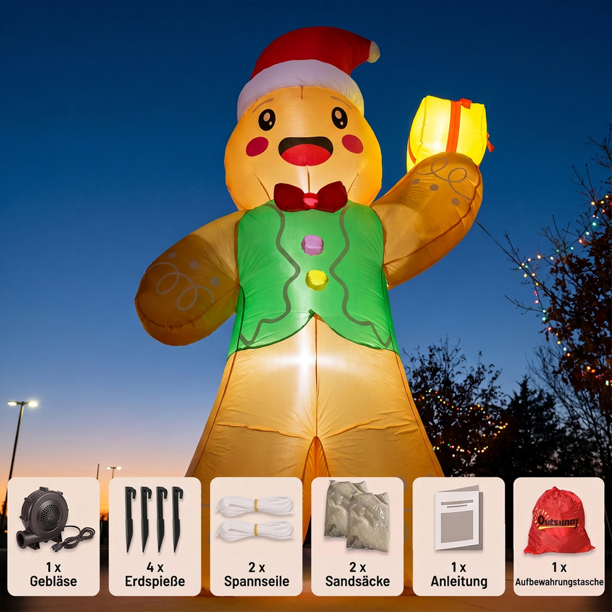 Aufblasbarer Weihnachts-Lebkuchenmann, 250 cm, mit Geschenkbox und LEDs, für außen