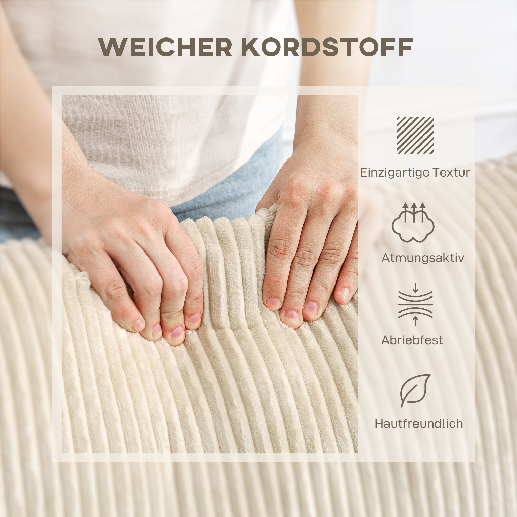 3-Sitzer-Sofa mit Zierkissen, Cordsofa für Wohnzimmer, Schlafzimmer, 212 cm breit, Cremeweiß