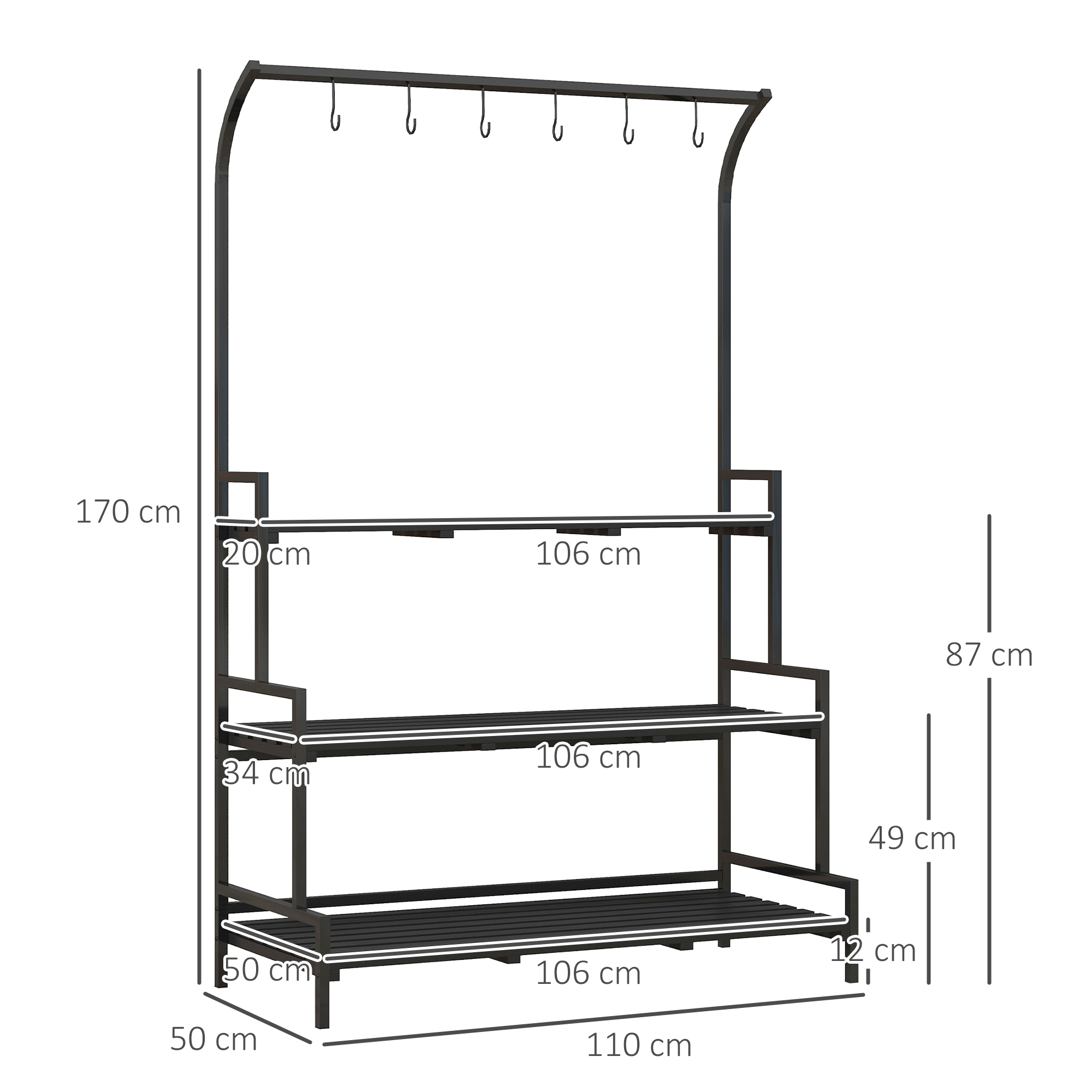 Blumenständer, 3 Etagen, 6 Haken, Indoor & Outdoor, Metallrahmen, 170H x 110L x 50B cm, Schwarz