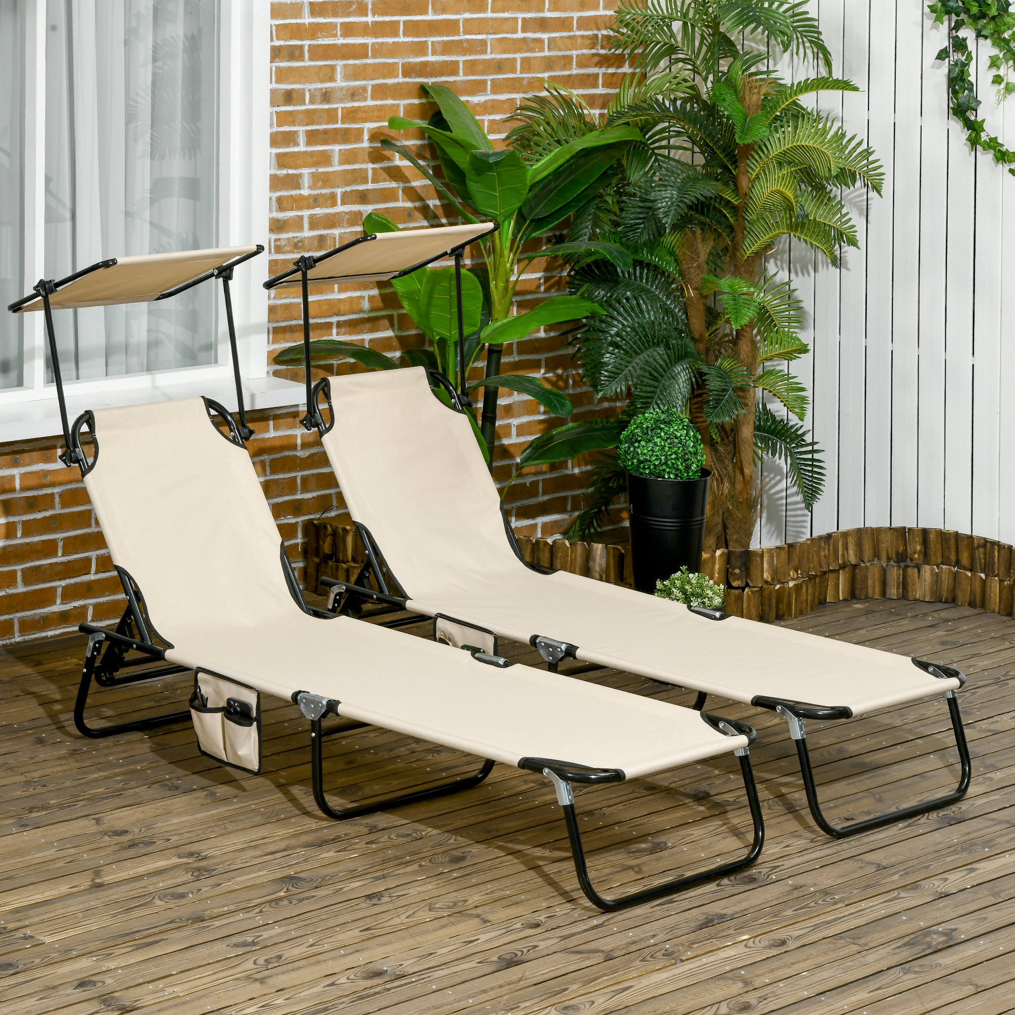2er Set Sonnenliege klappbar Gartenliege mit Sonnendach 5-Fach höhenverstellbarer Rückenlehne Braun