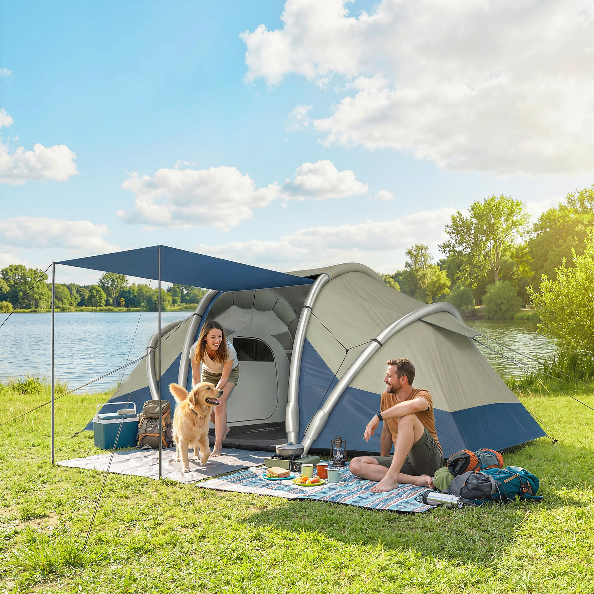 aufblasbares Zelt 4 Personen Schneller Aufbau Outdoor Camping Zelt mit 2 Schlafzimmer Mesh Fenster Vordach