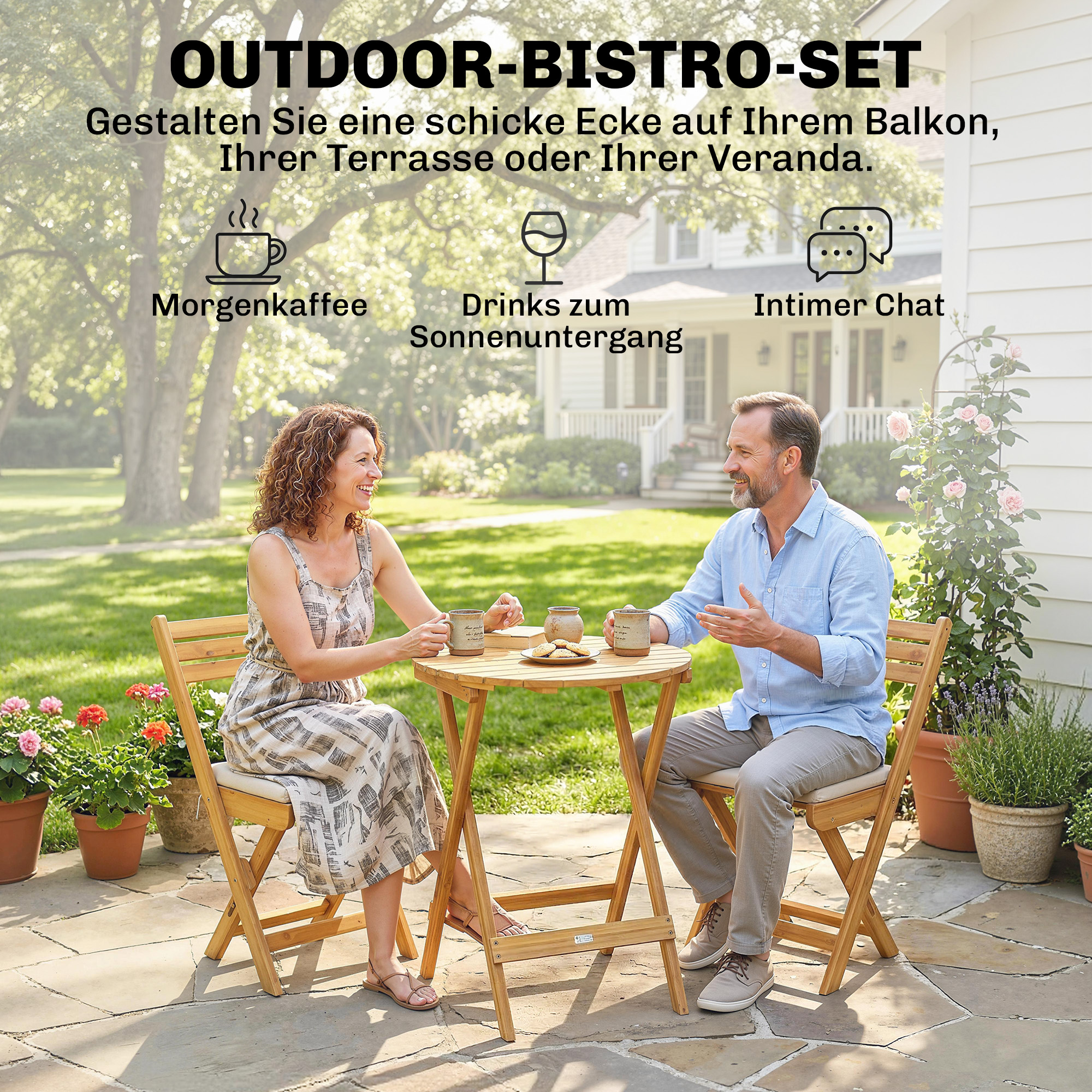 Balkonmöbel Set 3 teilig FSC Holz klappbar Gartenmöbel Set mit runder Tisch 2 Stühle Sitzkissen Atmungsaktiv Lamellsitz