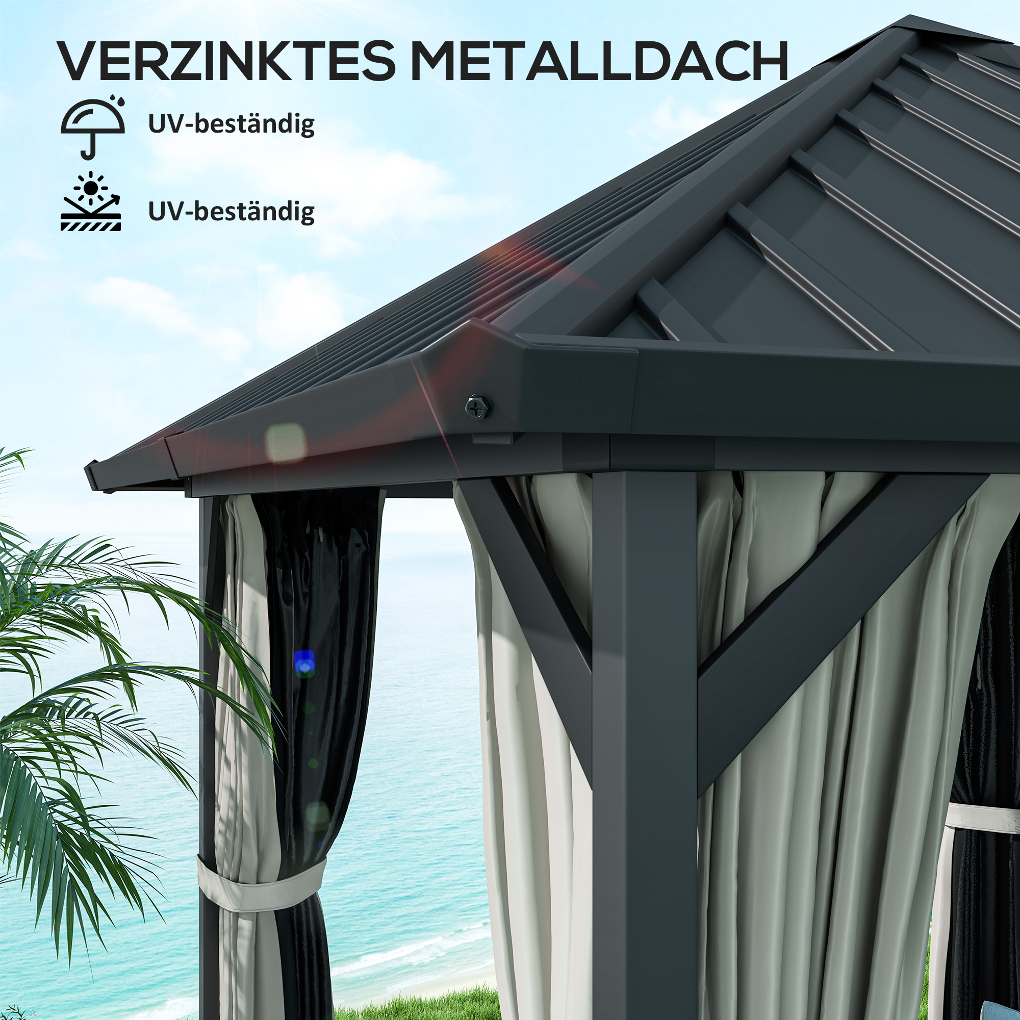 3 x 3 m Hartdach-Pavillon, Gartenpavillon mit Metalldach, Wasserfestes Gartenzelt mit Netz und Seitenwänden, Dunkelgrau