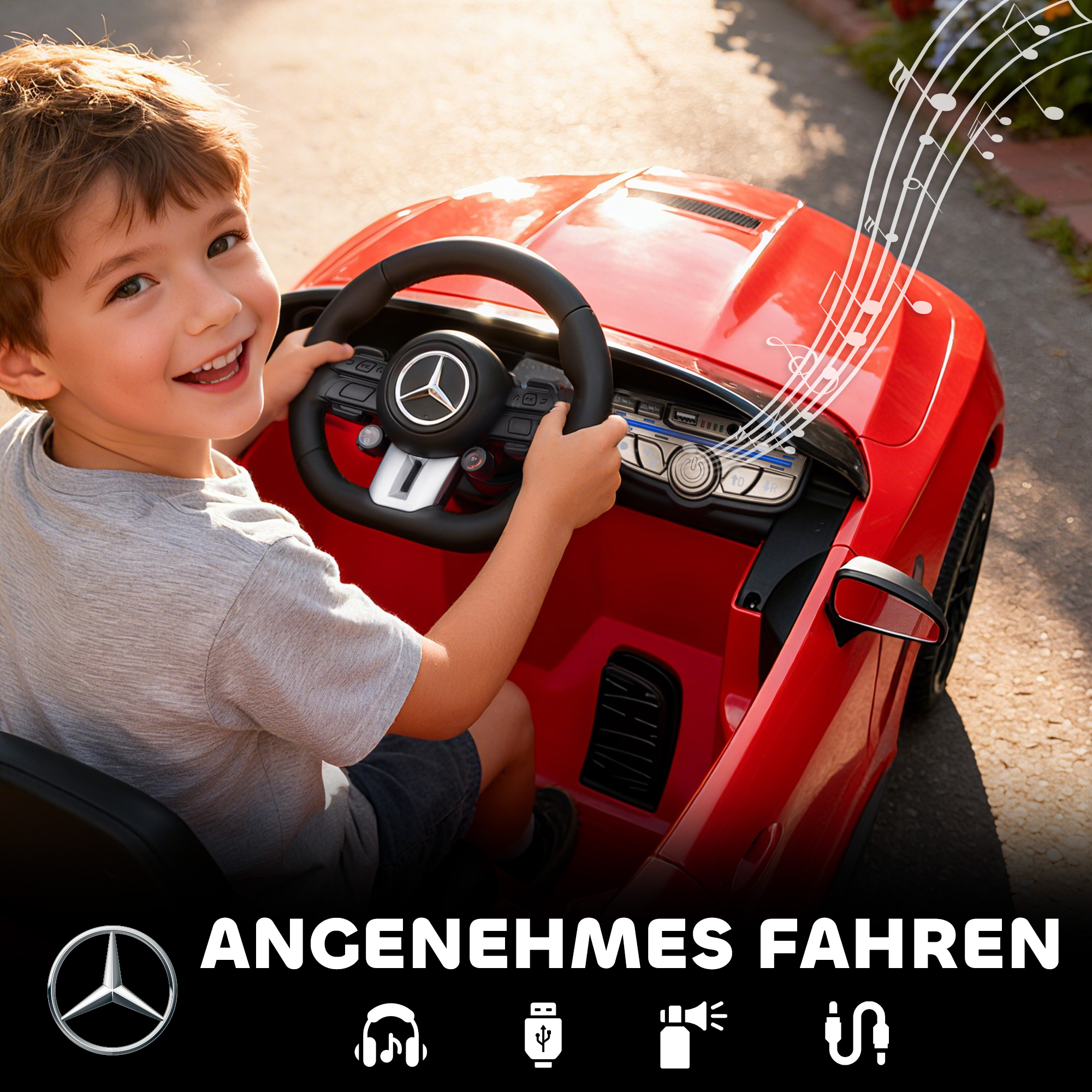 Kinder-Elektroauto, Mercedes-Design, 12V Motoren, Fernbedienung, LED-Lichter, Musik, für 3-6 Jahren Kinder, Rot