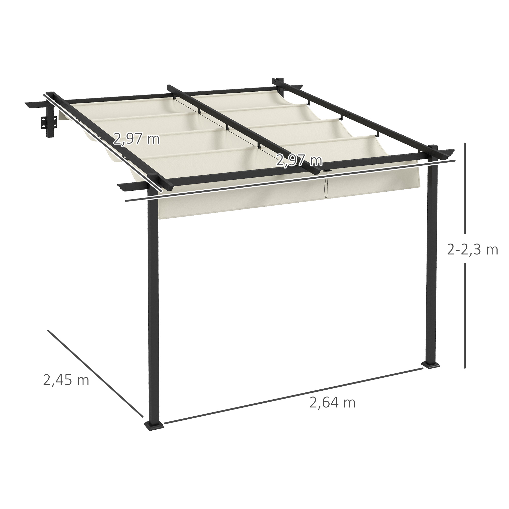 Gartenpavillon 3 x 3m, einziehbares Dach, Wandmontage, Metallrahmen, Cremeweiß