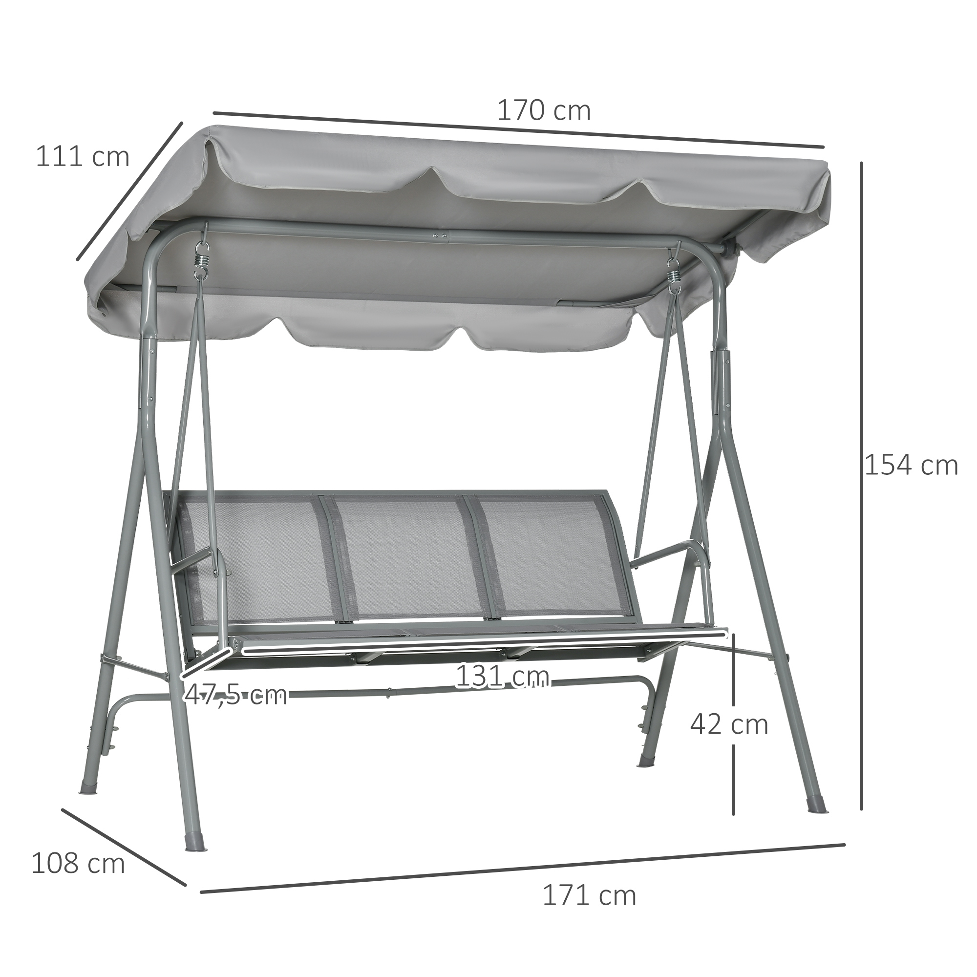Hollywoodschaukel mit verstellbarem Sonnendach, 3-Sitzer Gartenschaukel mit Anti-Rutsch-Füßen, Schaukelbank belastbar bis 240 kg, Gartenliege für Garten, Terasse, 171x108x154cm, Grau