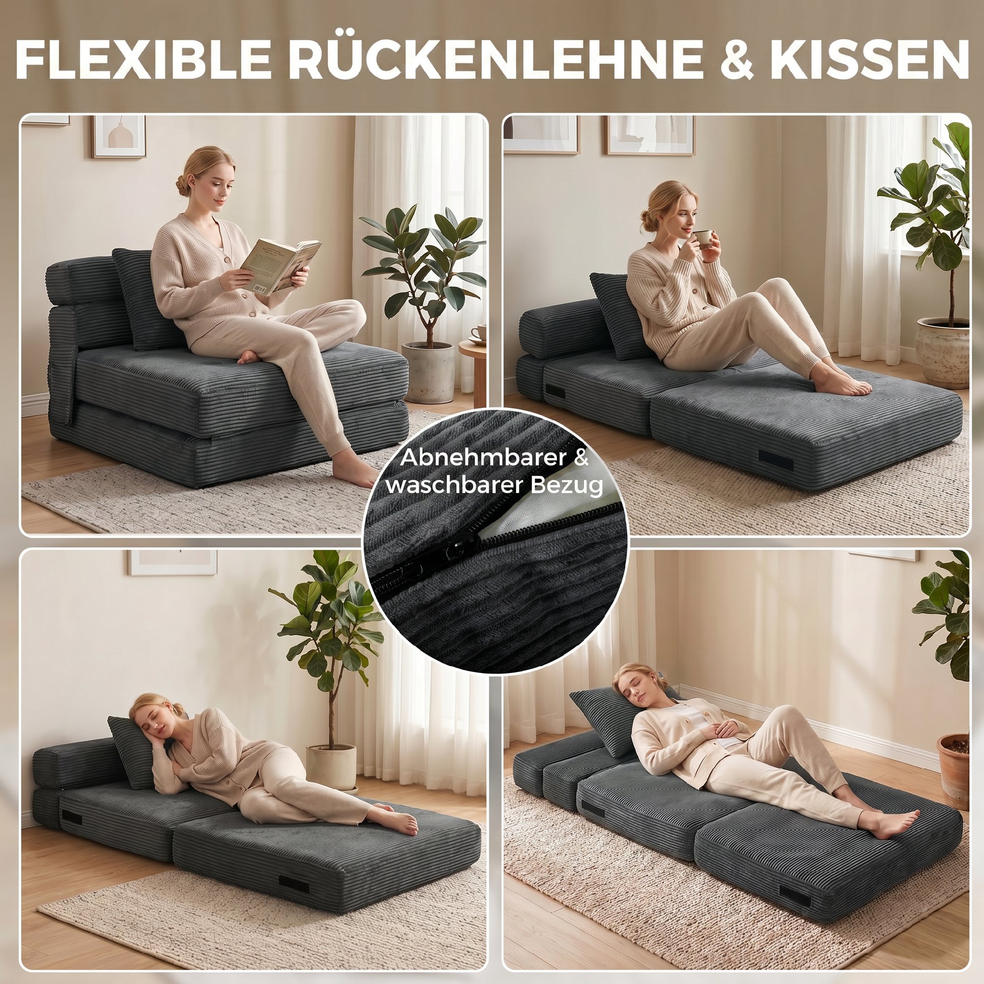 2-in-1 Boneless Cloud Bodenstuhl, klappbares Schlafsessel mit Cord-Optik & Lendenkissen, Dunkelgrau