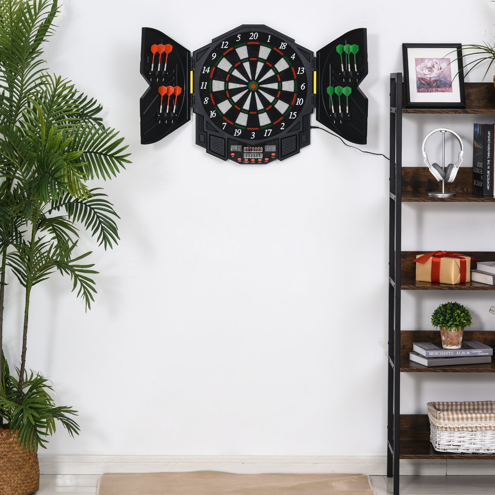 elektronische Dartscheibe Dartboard mit Sprachansagen Englische Stimme LED-Anzeigen 12 Darts 27 Spiele 216 Varianten Dartautomat mit Türen Dartscheibe Set für bis zu 8 Spieler