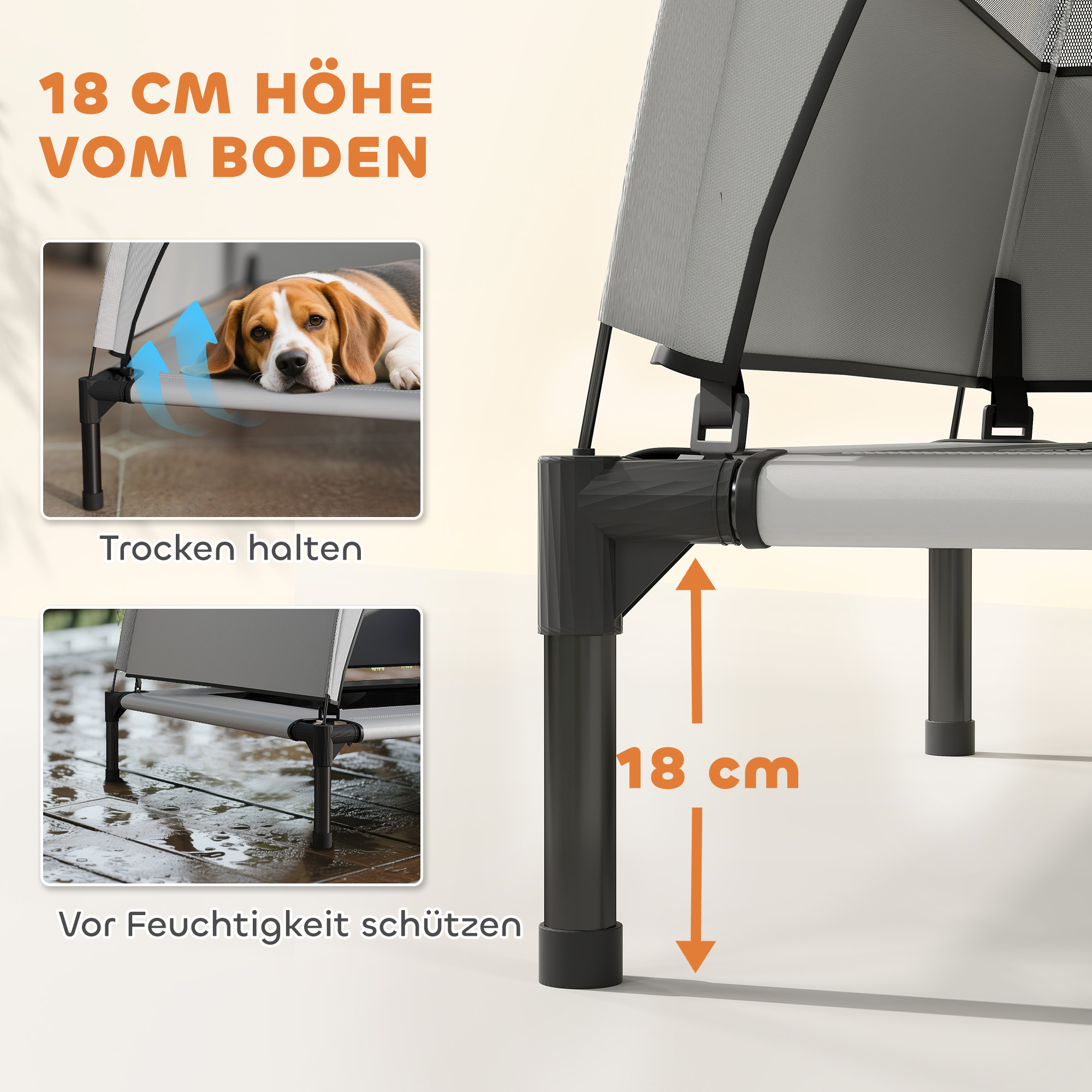 Hundeliege Outdoor mit Dach, erhöhtes Hundebett für mittelgroße Hunde, mit Stahlrahmen, 76x61x70cm, Hellgrau