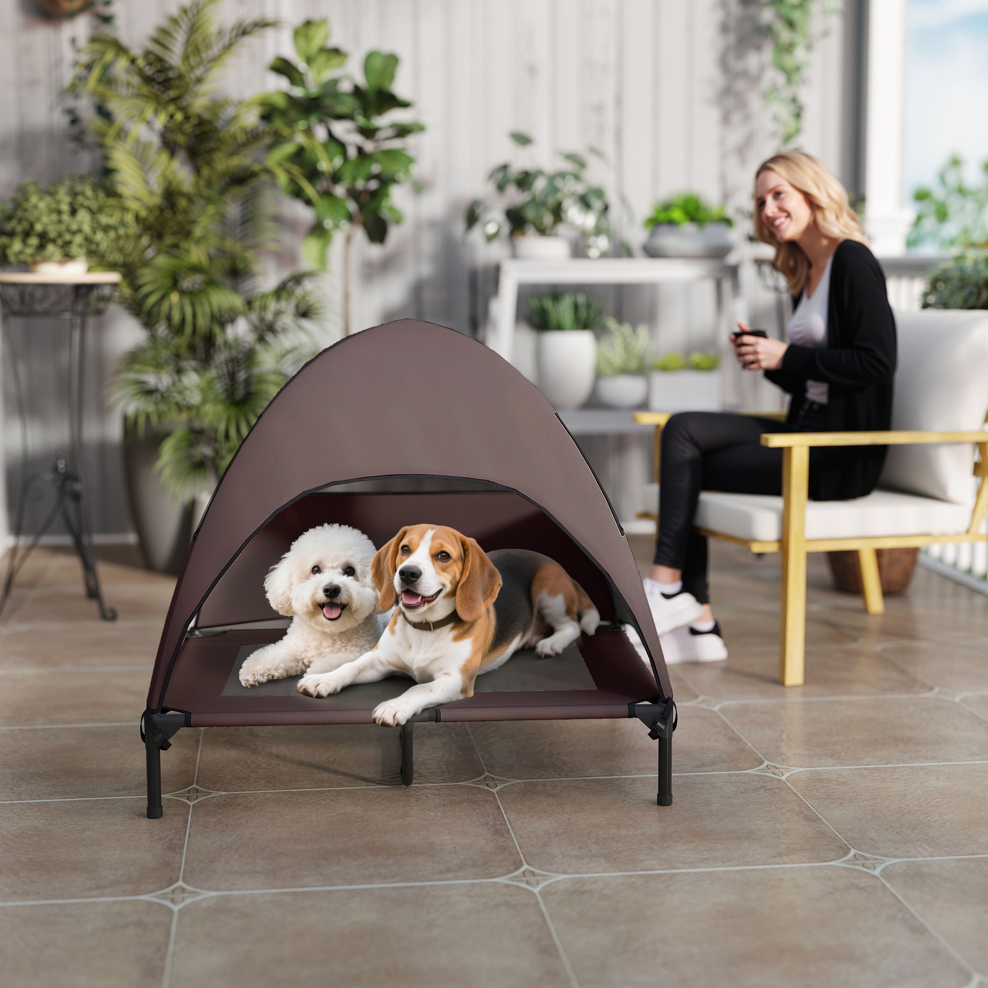Hundeliege Outdoor mit Dach, erhöhtes Hundebett für Große Hunde, 91 x 76 x 90 cm, Kaffee