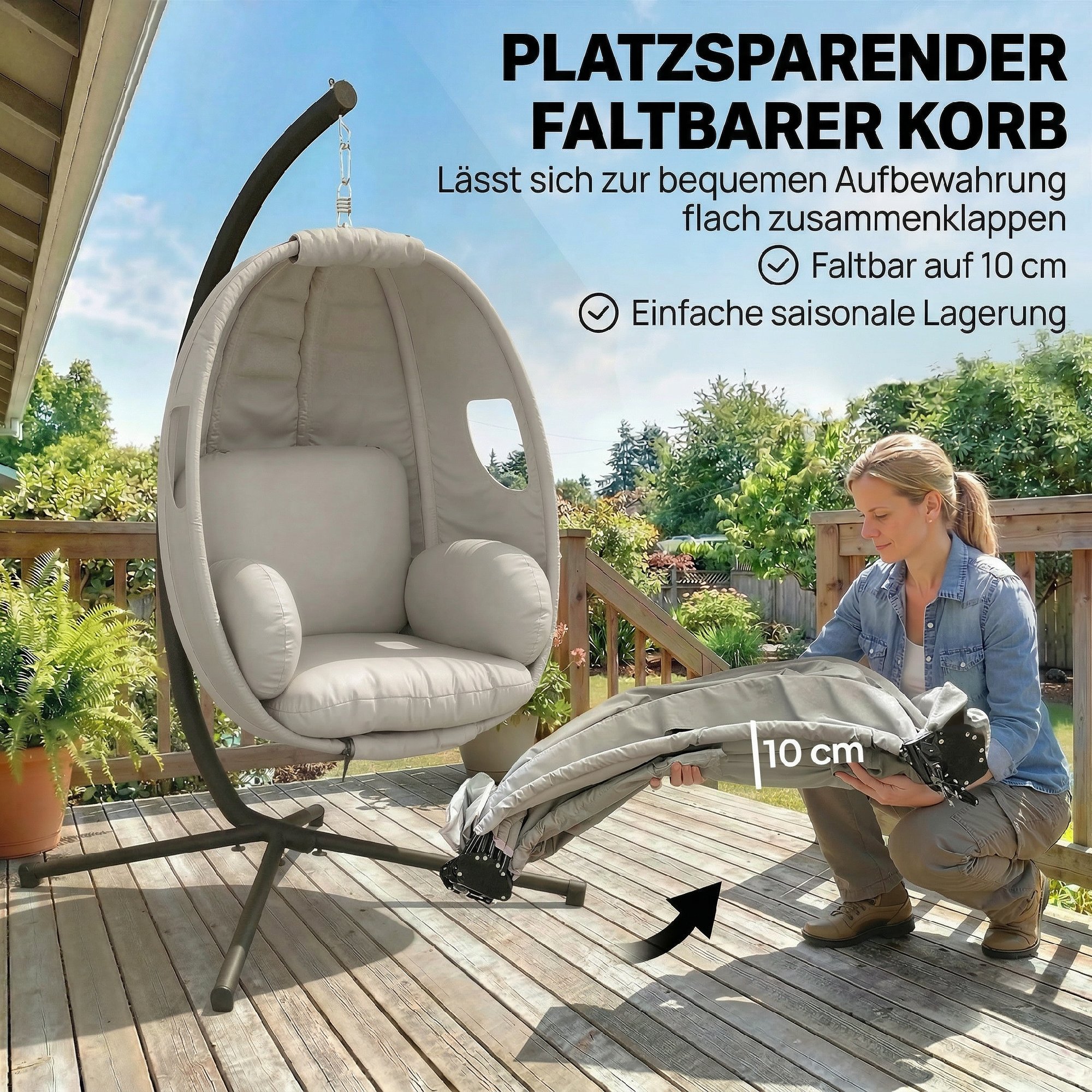 Hängesessel mit Gestell, faltbar Hängekorb mit dick Sitzpolstern verstellbarer Höhe Sicherheitsgurt bis 120 kg