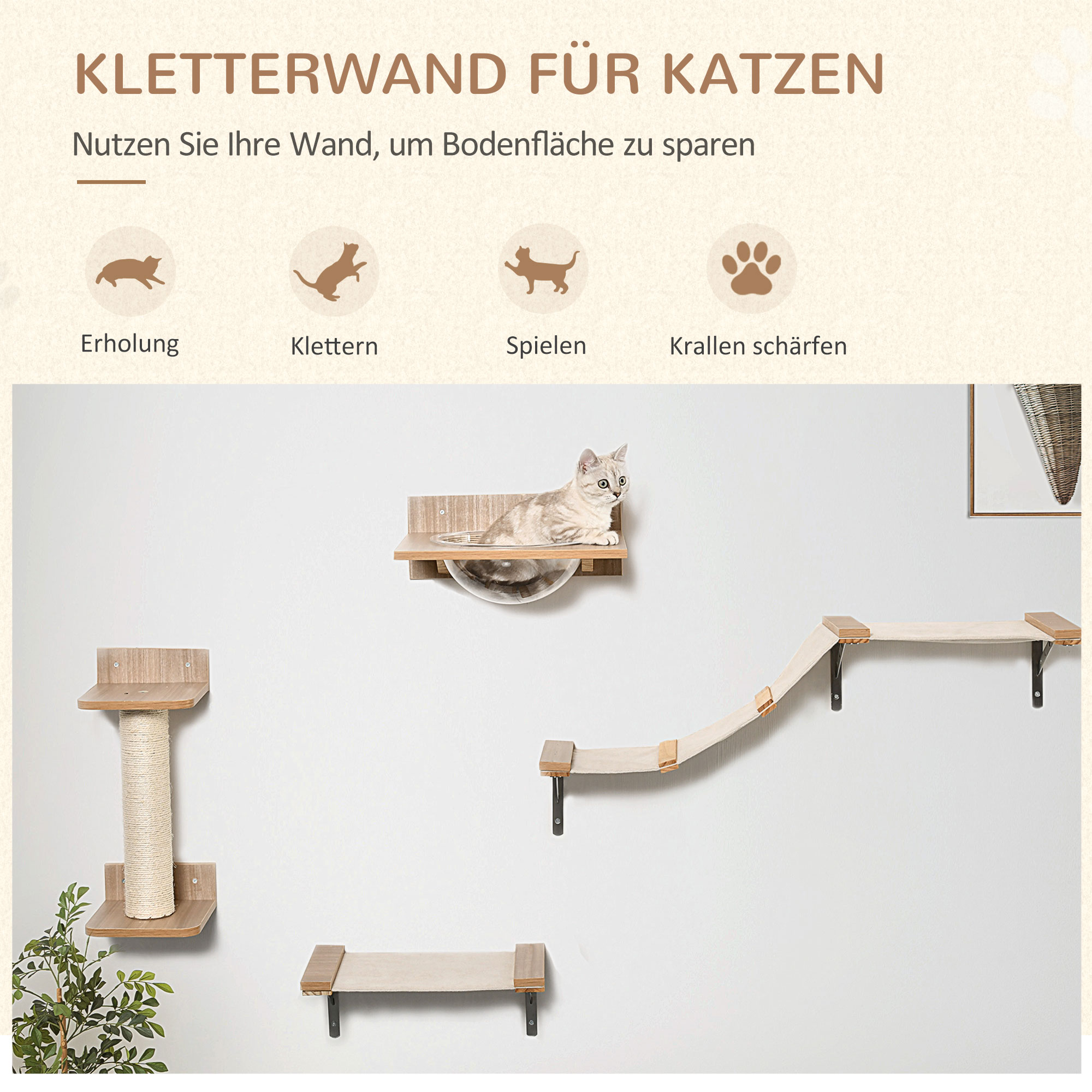 Kletterwand Katzen, 4-teilig Katzenkletterwand Set Katzen Wandelemente mit Kratzbaum Hängematte Sprungplattform Kratzsäule Katzentreppe Katzenwandmöbel für Klettern Schlafen bis 5 kg Hellbraun
