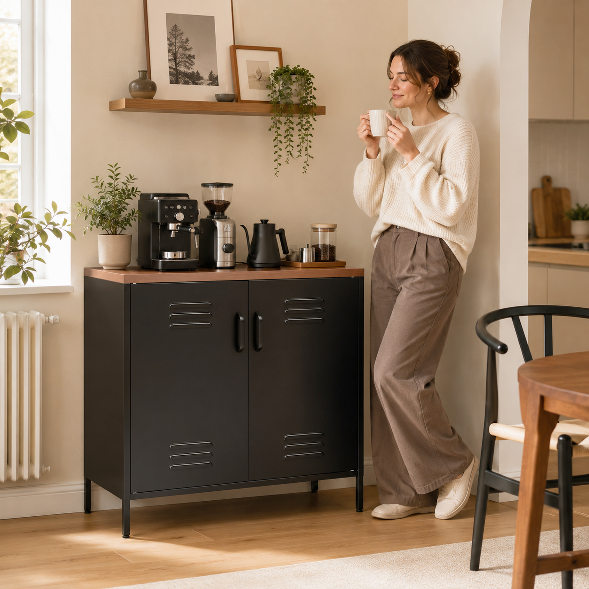 Stahl-Sideboard, 80x40x80 cm, Industrielles Aufbewahrungsschrank mit 2 Türen und verstellbarem Regal für Wohnzimmer, Büro, Schwarz