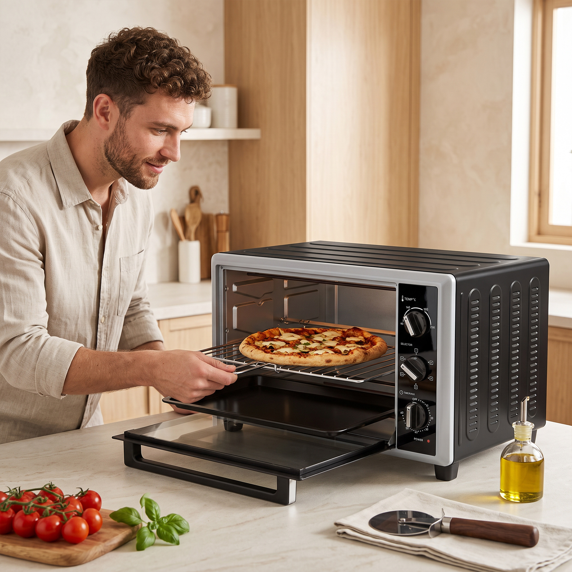 46 L Mini-Backofen mit Drehspieß, Umluft, Temperaturregelung und Timer, 1800 W, Schwarz
