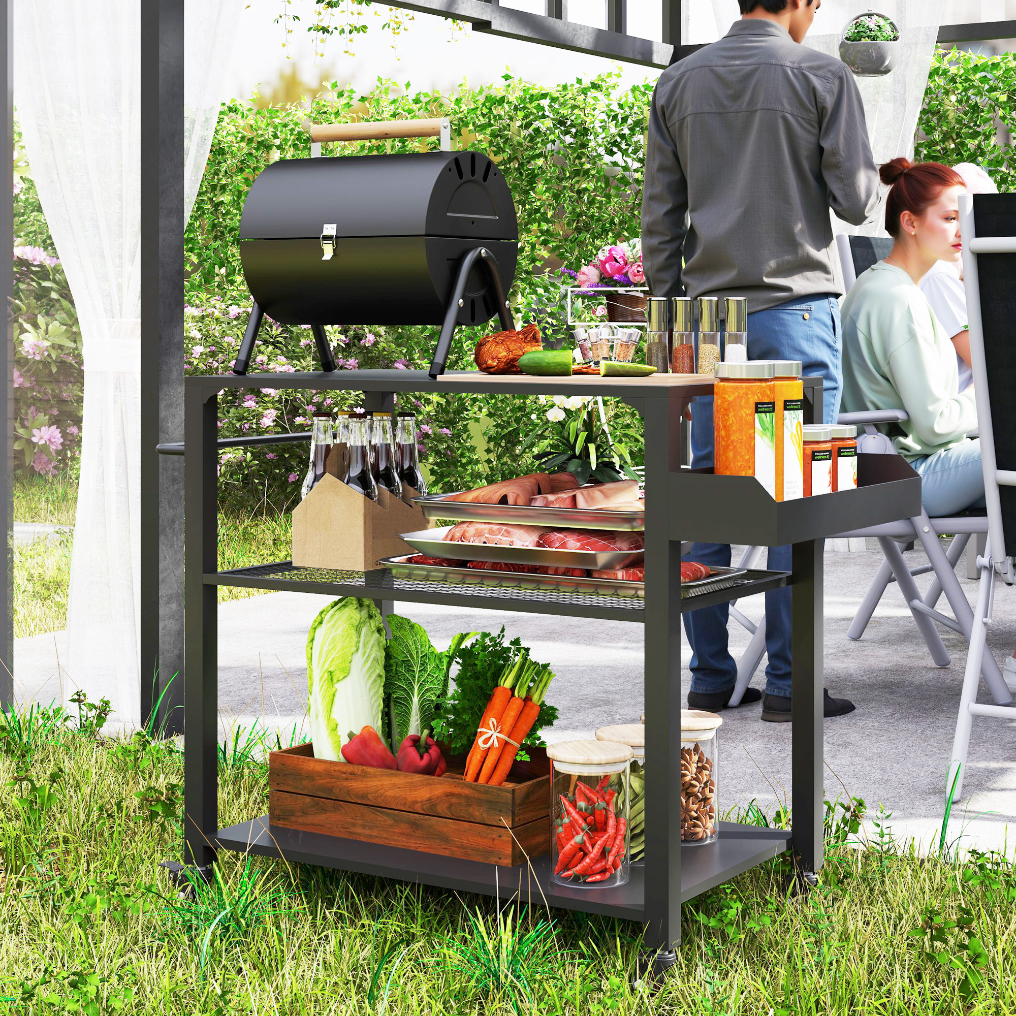 Outdoor-Kücheninsel, Grillwagen mit Aufbewahrungsregal, Griff, 4 Rollen, Küchenwagen, Terrasse, Garten, Metall, Schwarz
