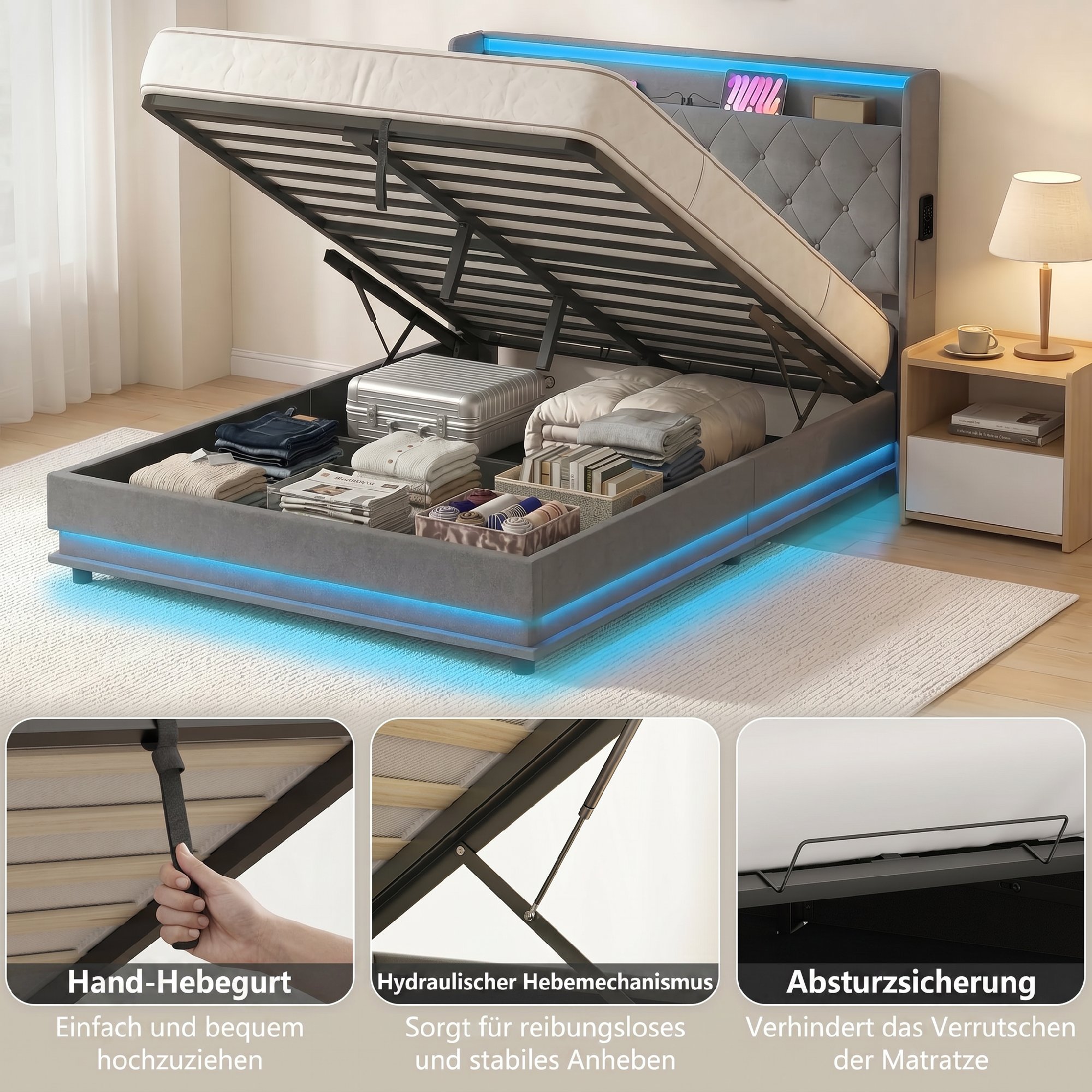Bettgestell 140 x 200 cm mit Kopf- und Fußteil, Plattformbett mit hydraulischem Stauraum, LED-Lichtern