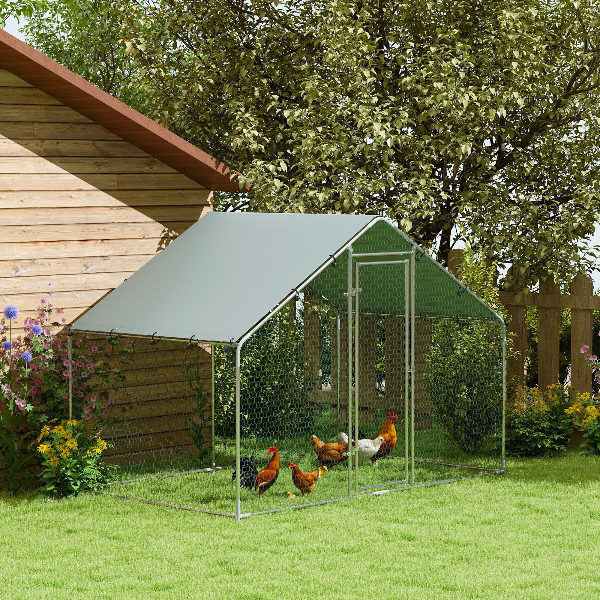 Hühnerauslauf für 5-8 Hühner, Dachplane, verriegelbare Tür, Stahlrahmen, 5,1 m², 3 x 1,7 x 1,9 m
